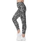 Black & White Leaves Leggings With Pockets