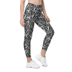 Black & White Leaves Leggings With Pockets