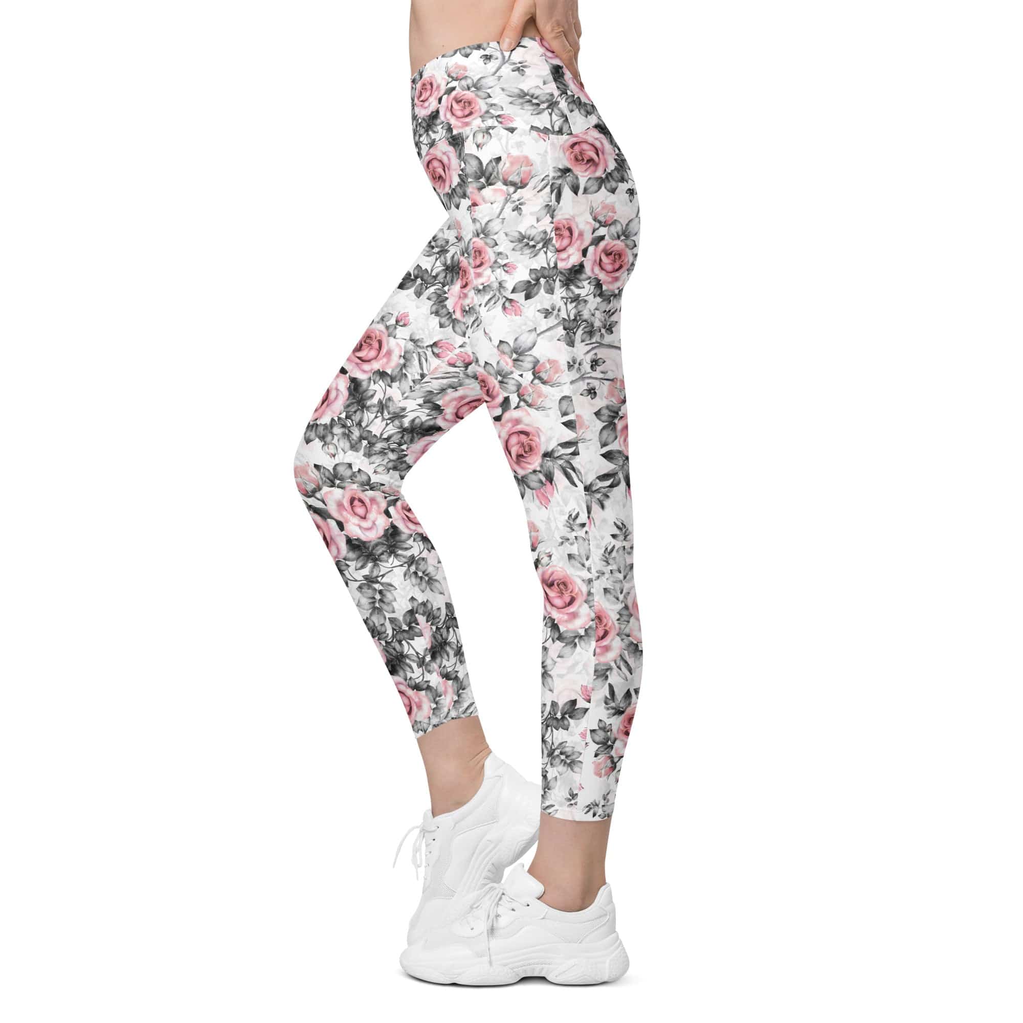Blush Floral Crossover Leggings With Pockets