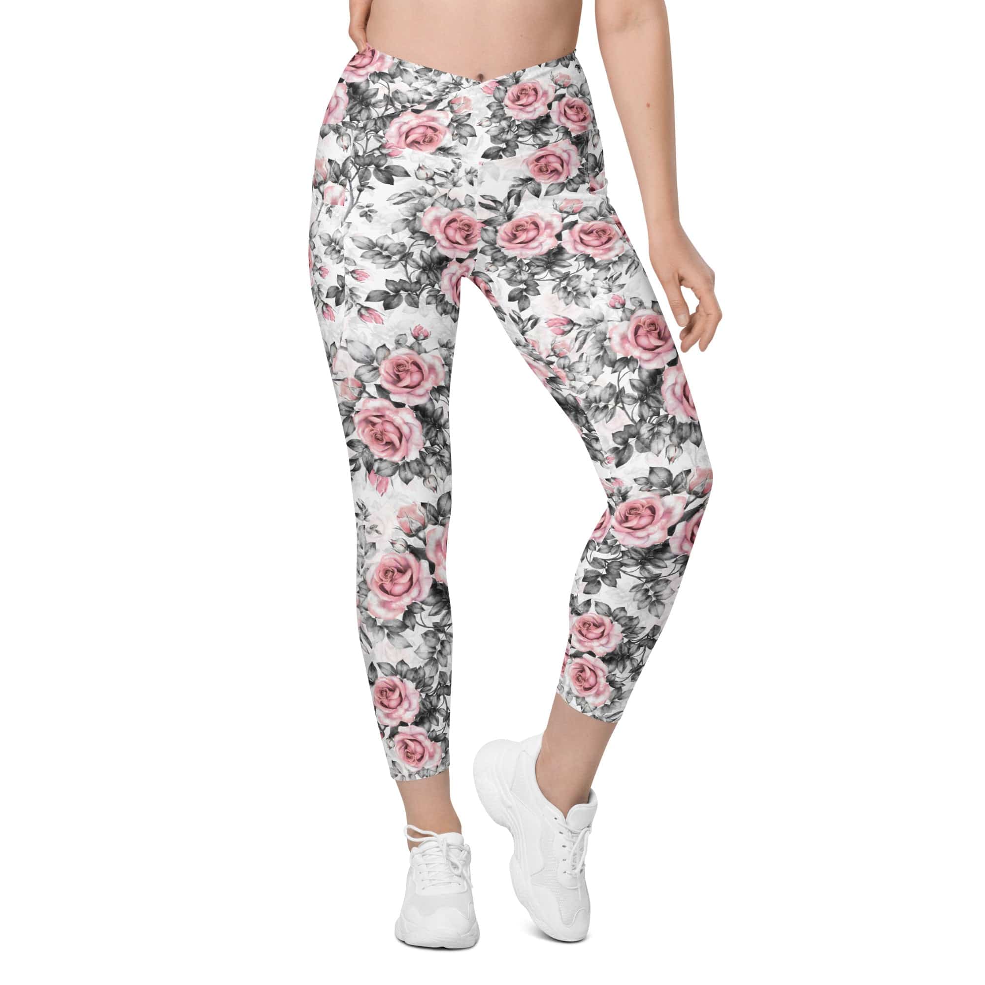 Blush Floral Crossover Leggings With Pockets