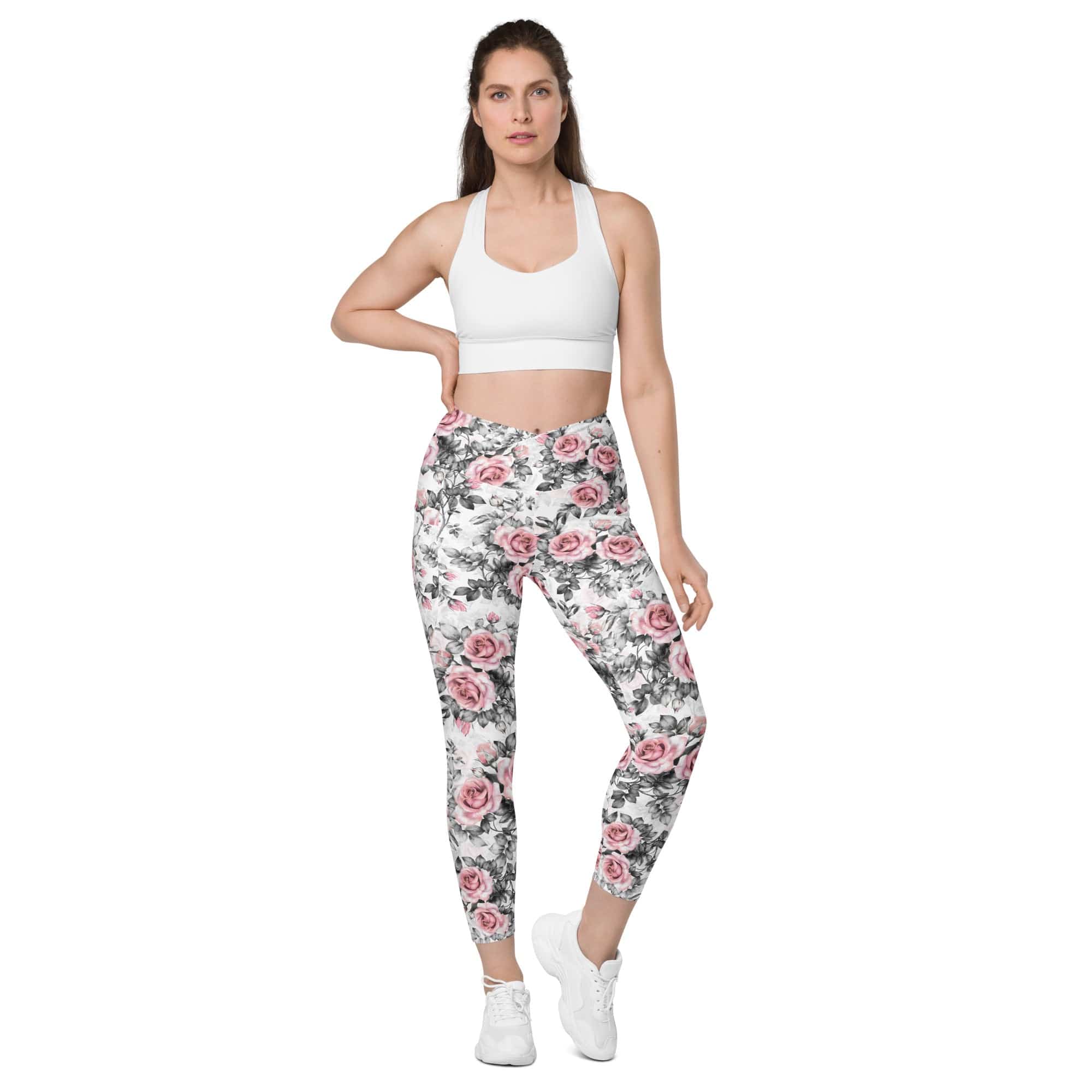 Blush Floral Crossover Leggings With Pockets