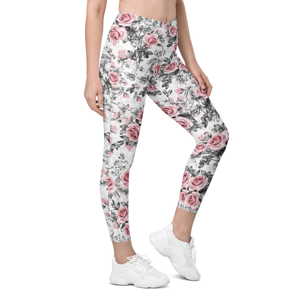 Blush Floral Crossover Leggings With Pockets