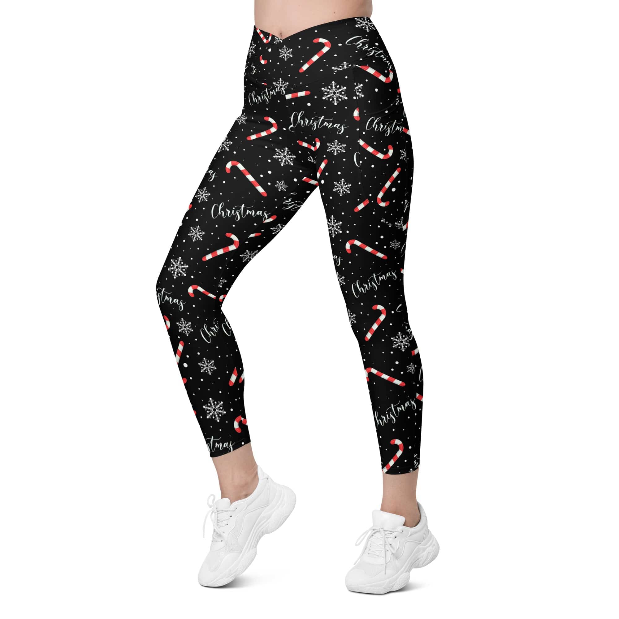 Candy Cane & Snowflake Crossover Leggings With Pockets
