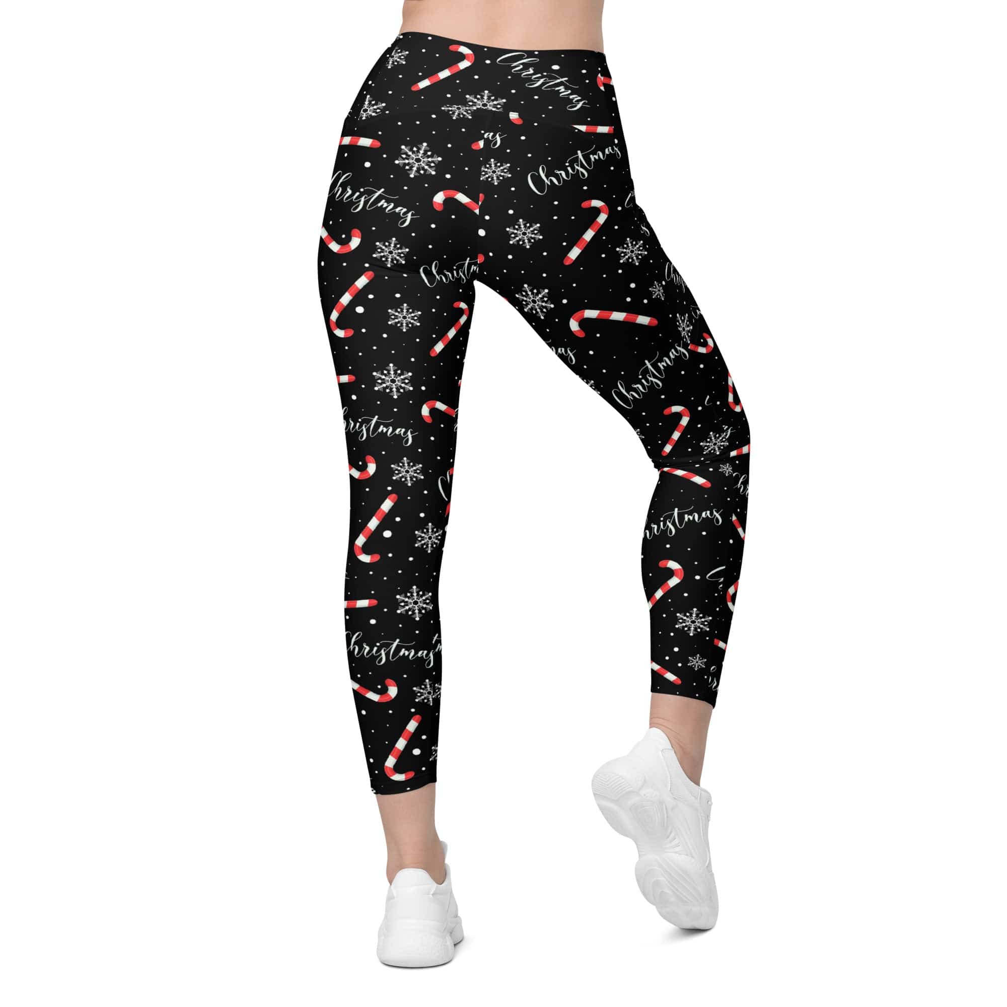 Candy Cane & Snowflake Crossover Leggings With Pockets