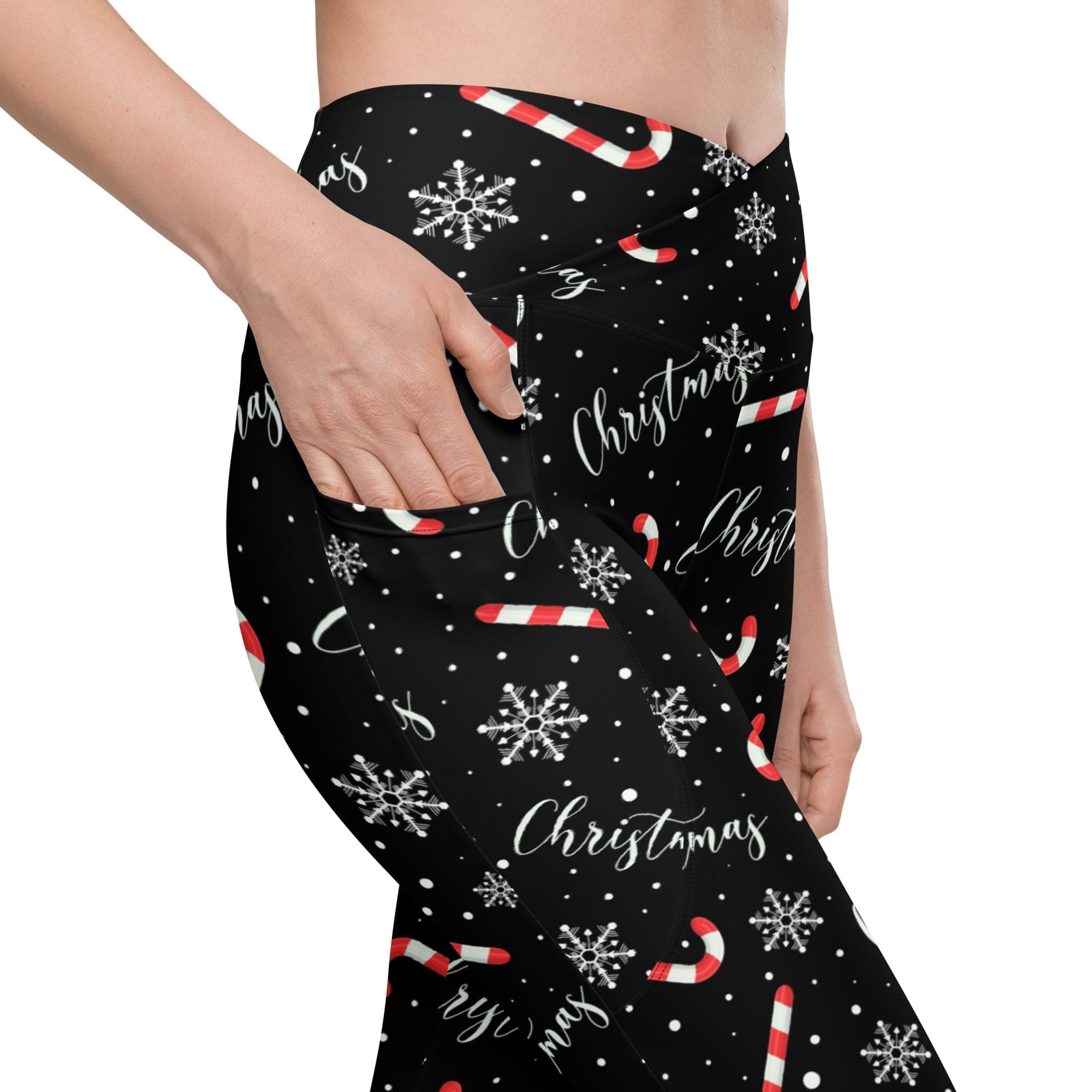 Candy Cane & Snowflake Crossover Leggings With Pockets