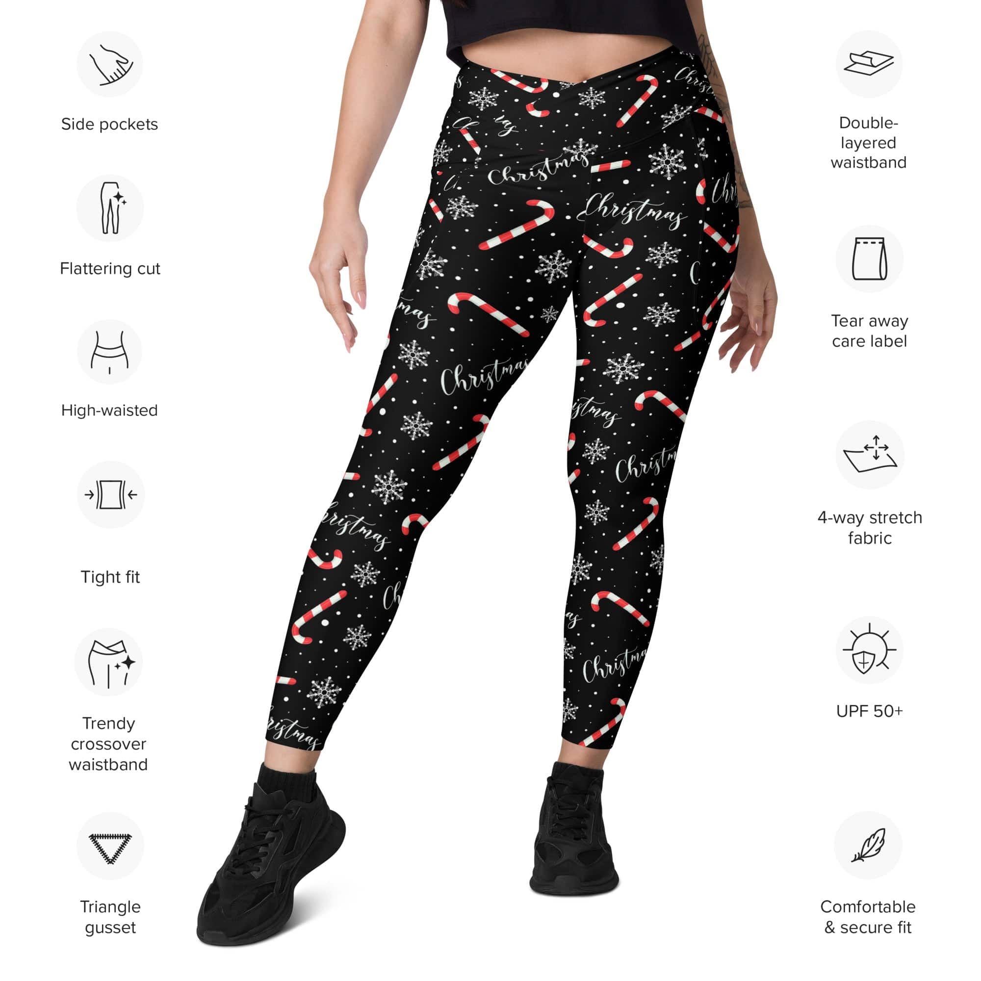 Candy Cane & Snowflake Crossover Leggings With Pockets