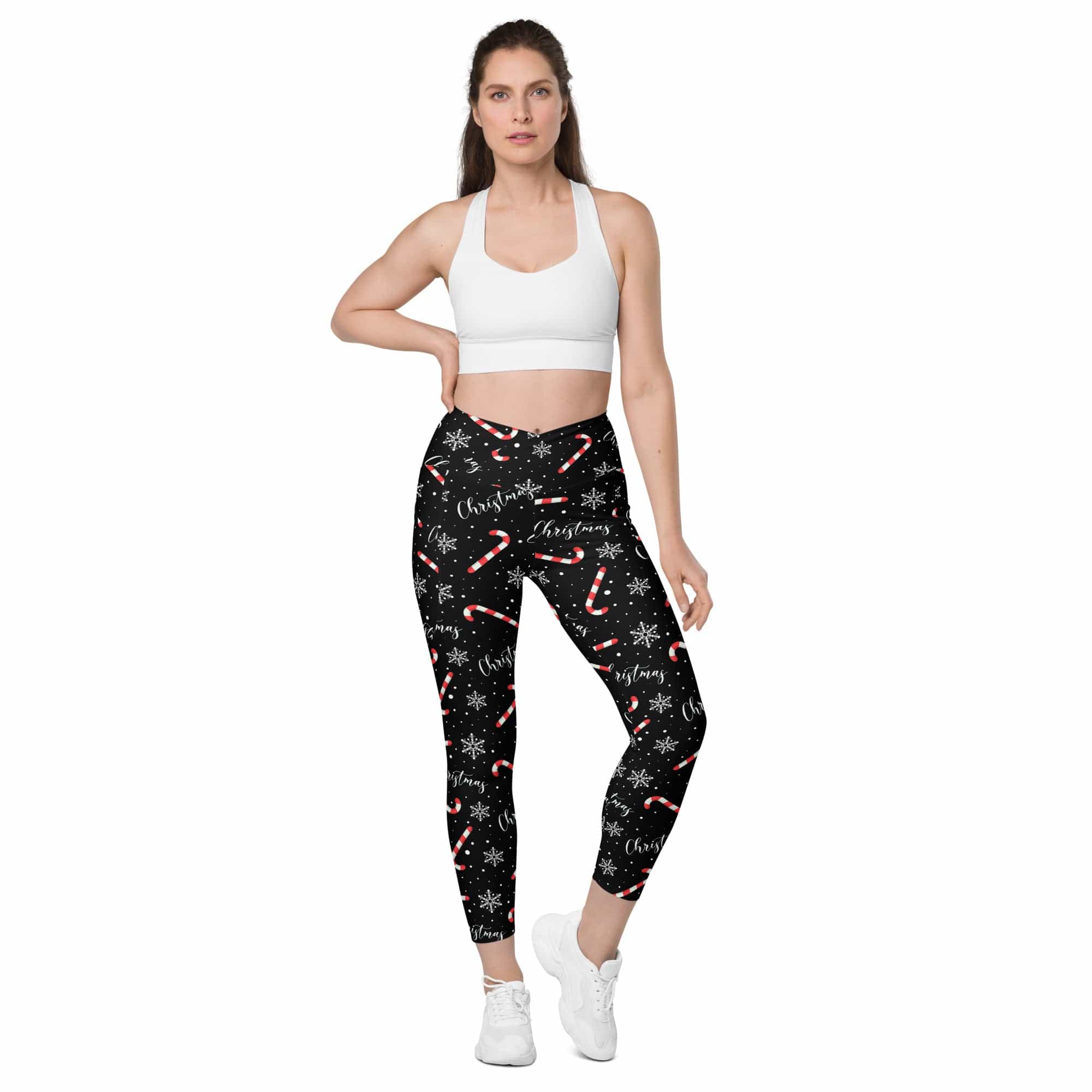 Candy Cane & Snowflake Crossover Leggings With Pockets