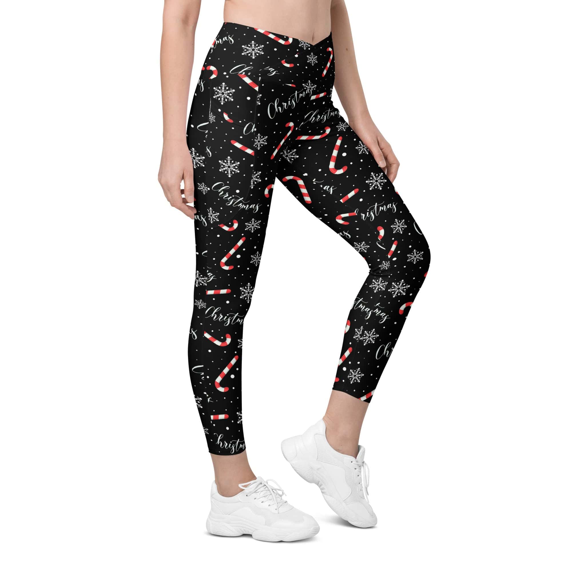 Candy Cane & Snowflake Crossover Leggings With Pockets