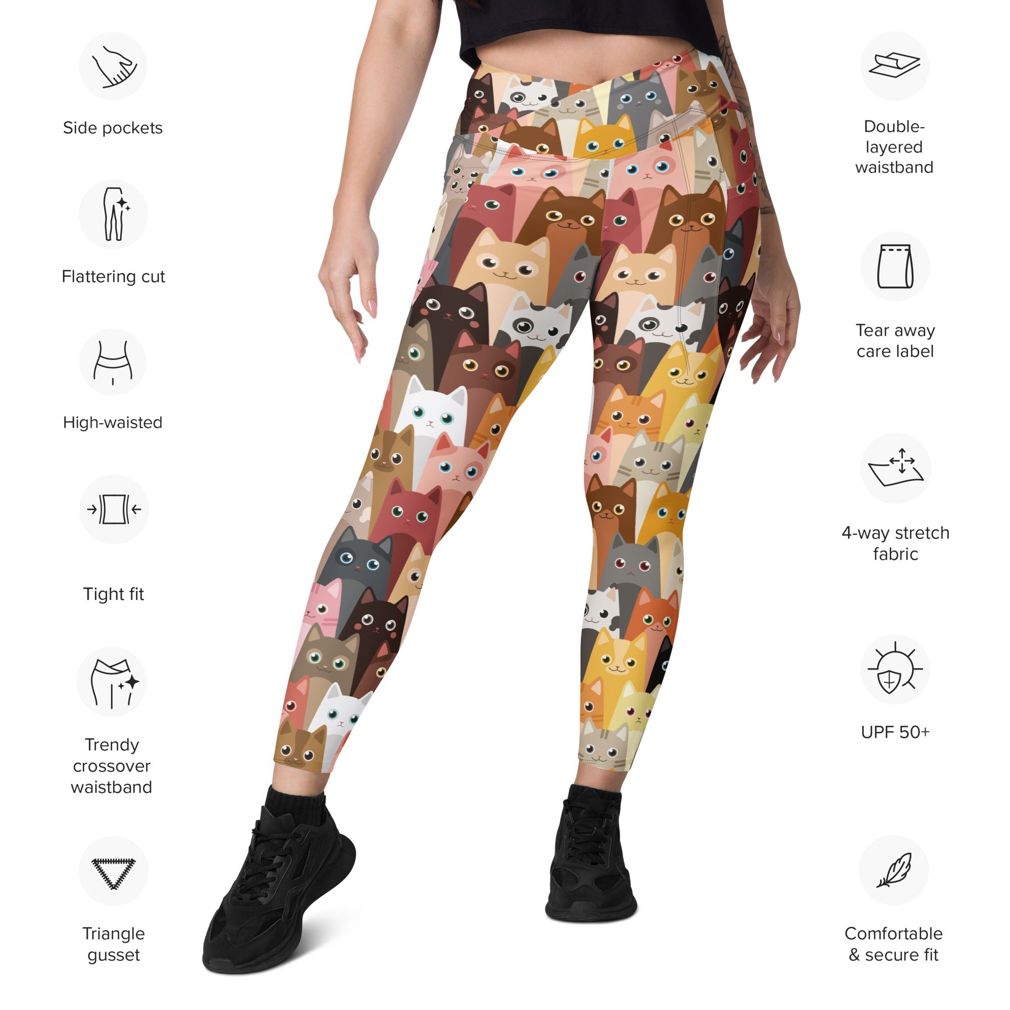 Cartoon Cats Crossover Leggings With Pockets