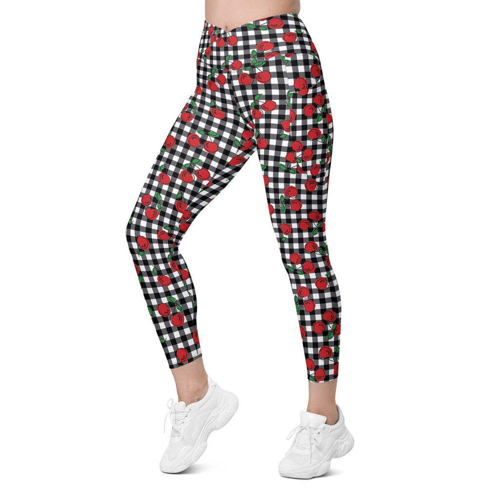 Cherry Gingham Crossover Leggings With Pockets
