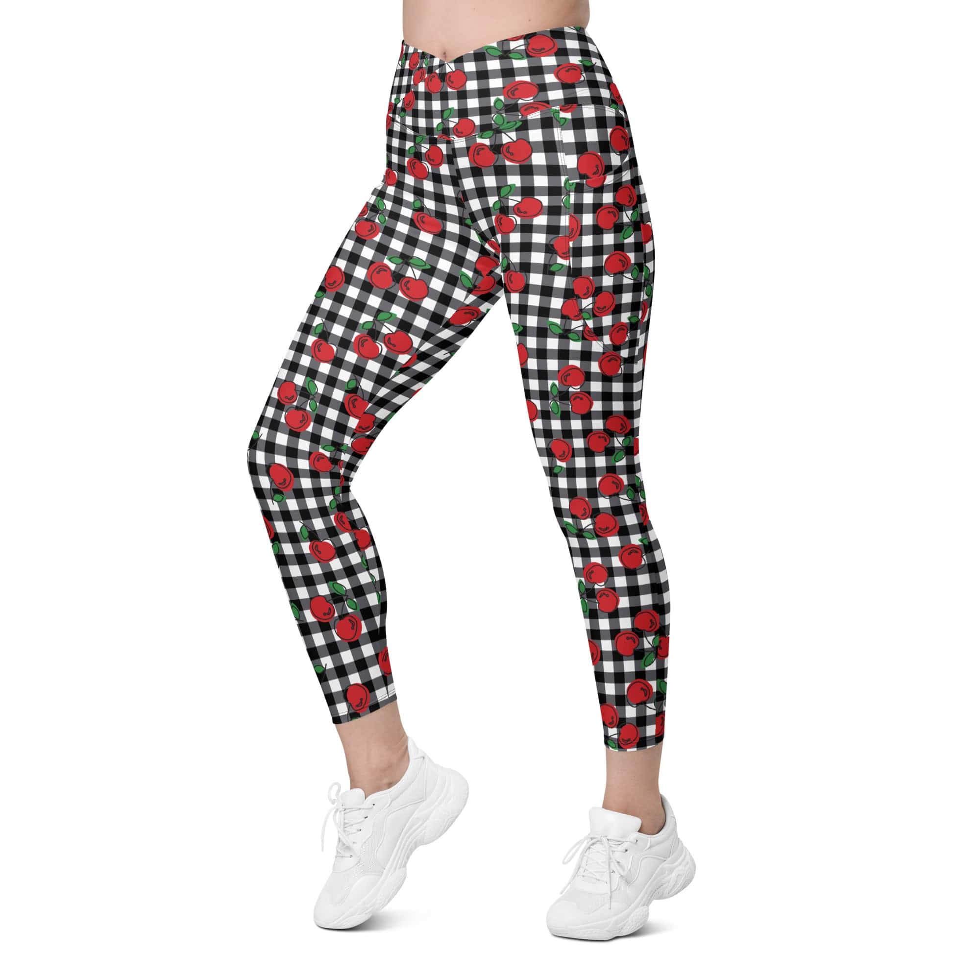 Cherry Gingham Crossover Leggings With Pockets