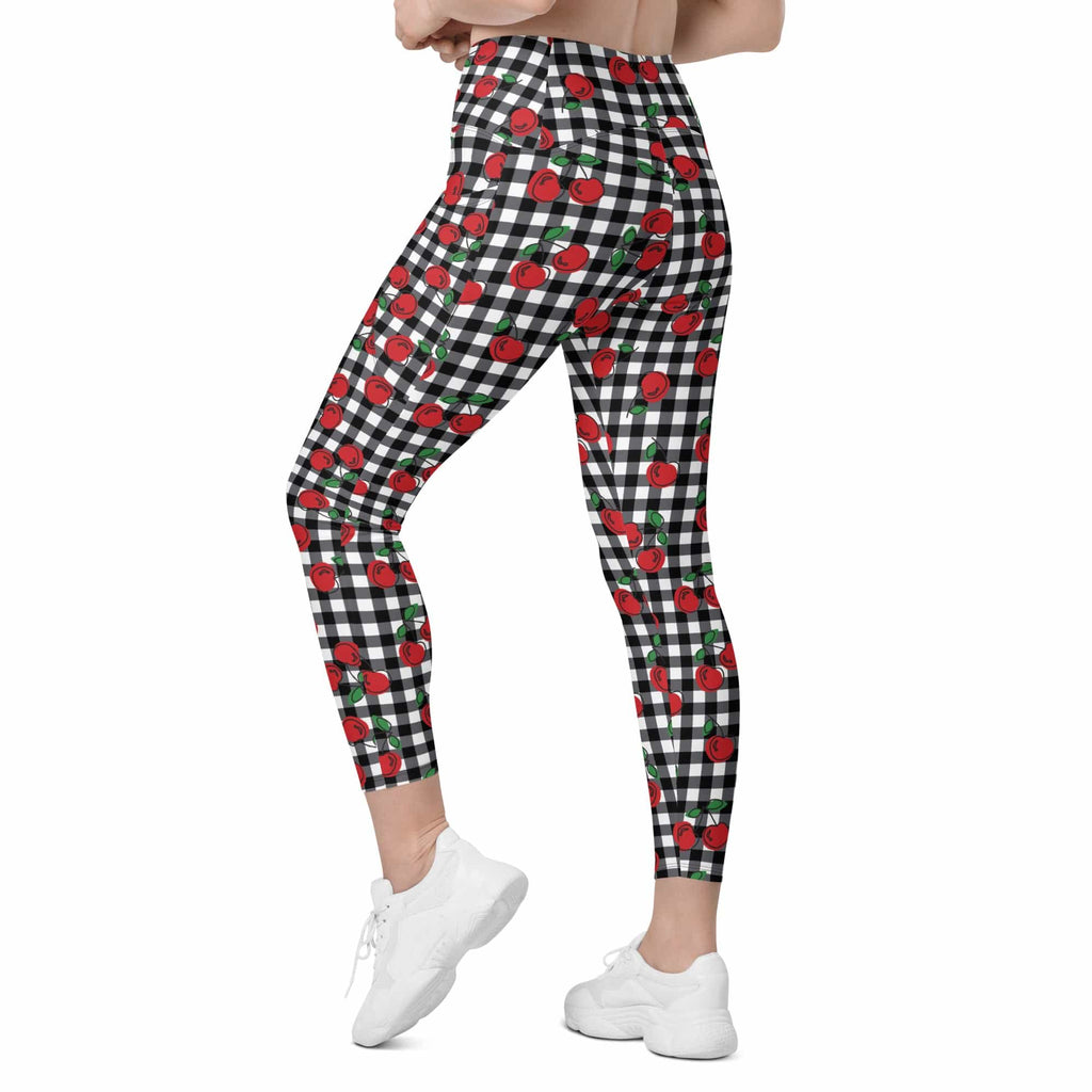 Cherry Gingham Crossover Leggings With Pockets