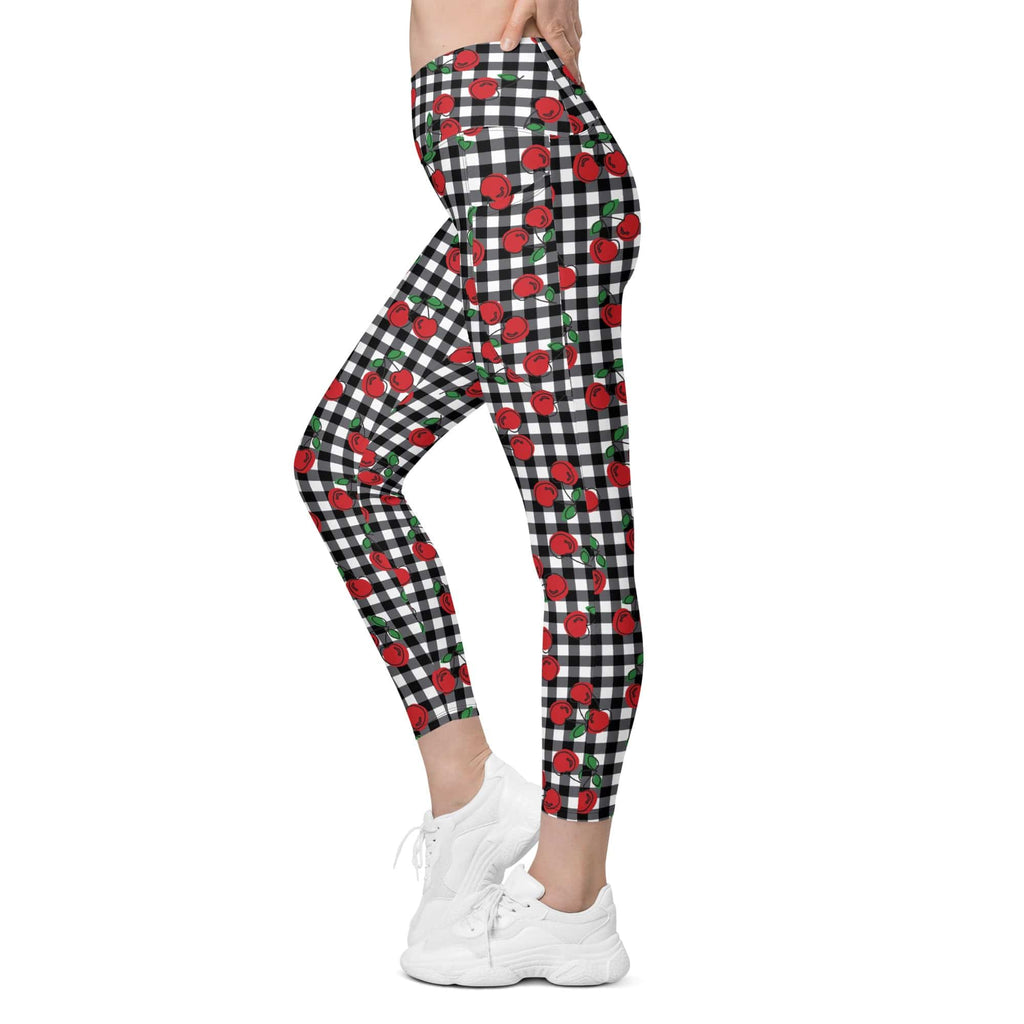 Cherry Gingham Crossover Leggings With Pockets
