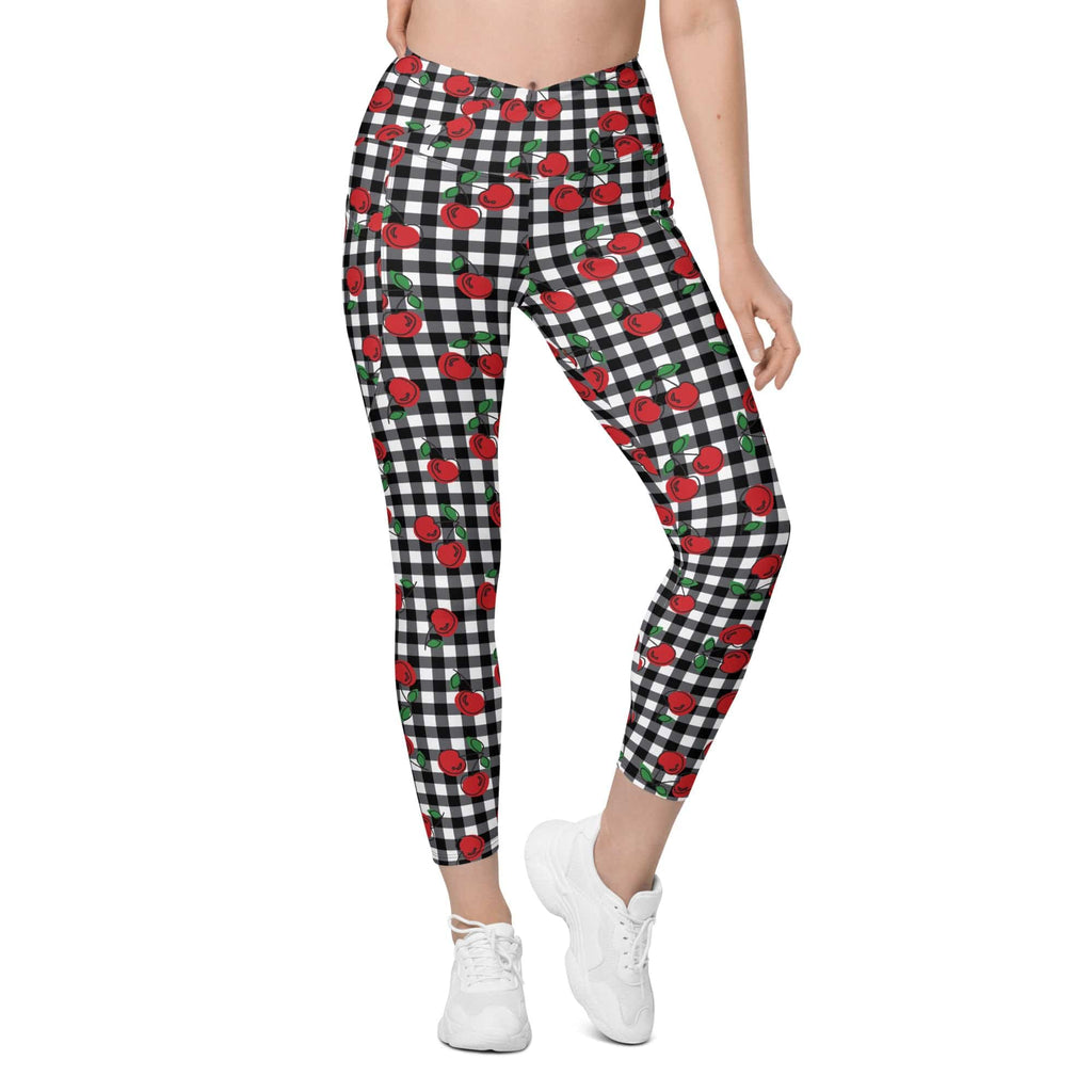 Cherry Gingham Crossover Leggings With Pockets