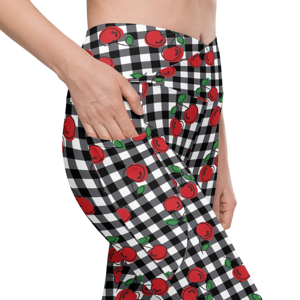 Cherry Gingham Crossover Leggings With Pockets