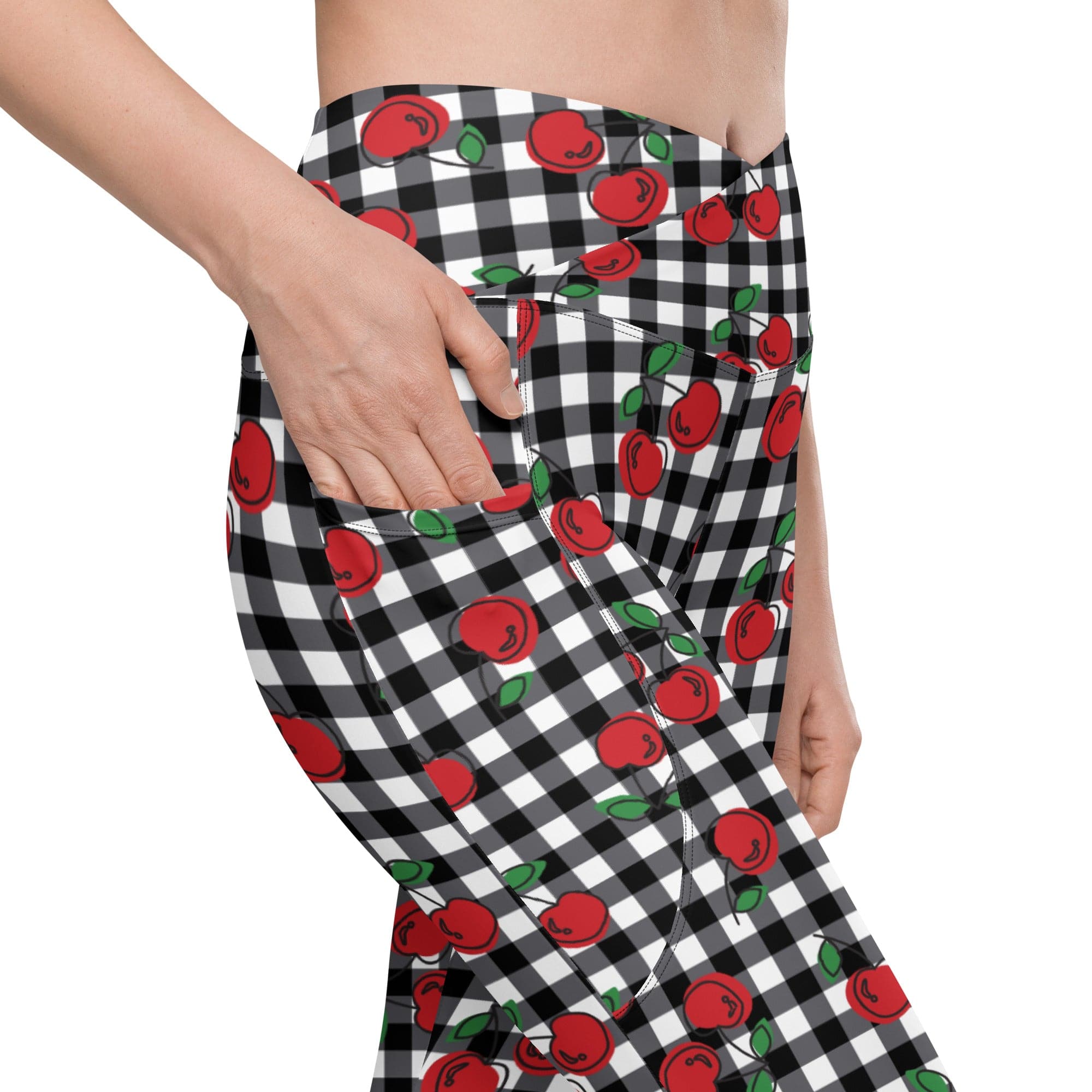 Cherry Gingham Crossover Leggings With Pockets