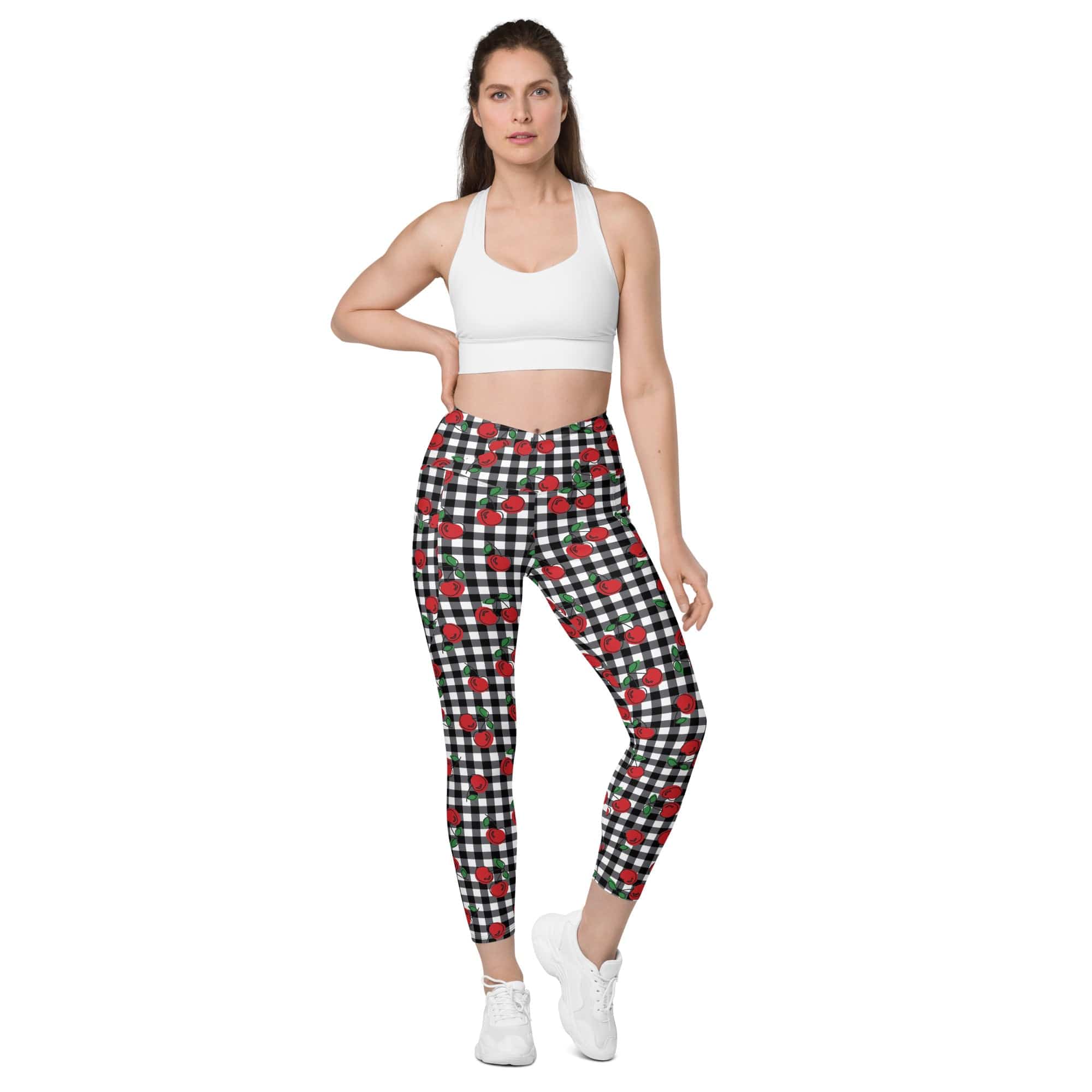 Cherry Gingham Crossover Leggings With Pockets