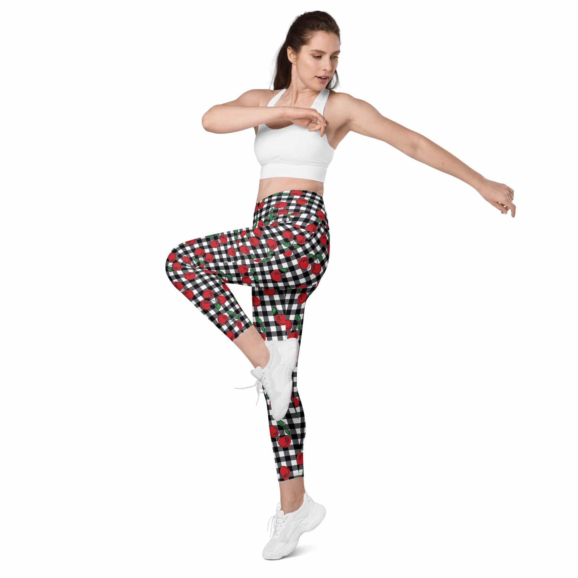 Cherry Gingham Crossover Leggings With Pockets