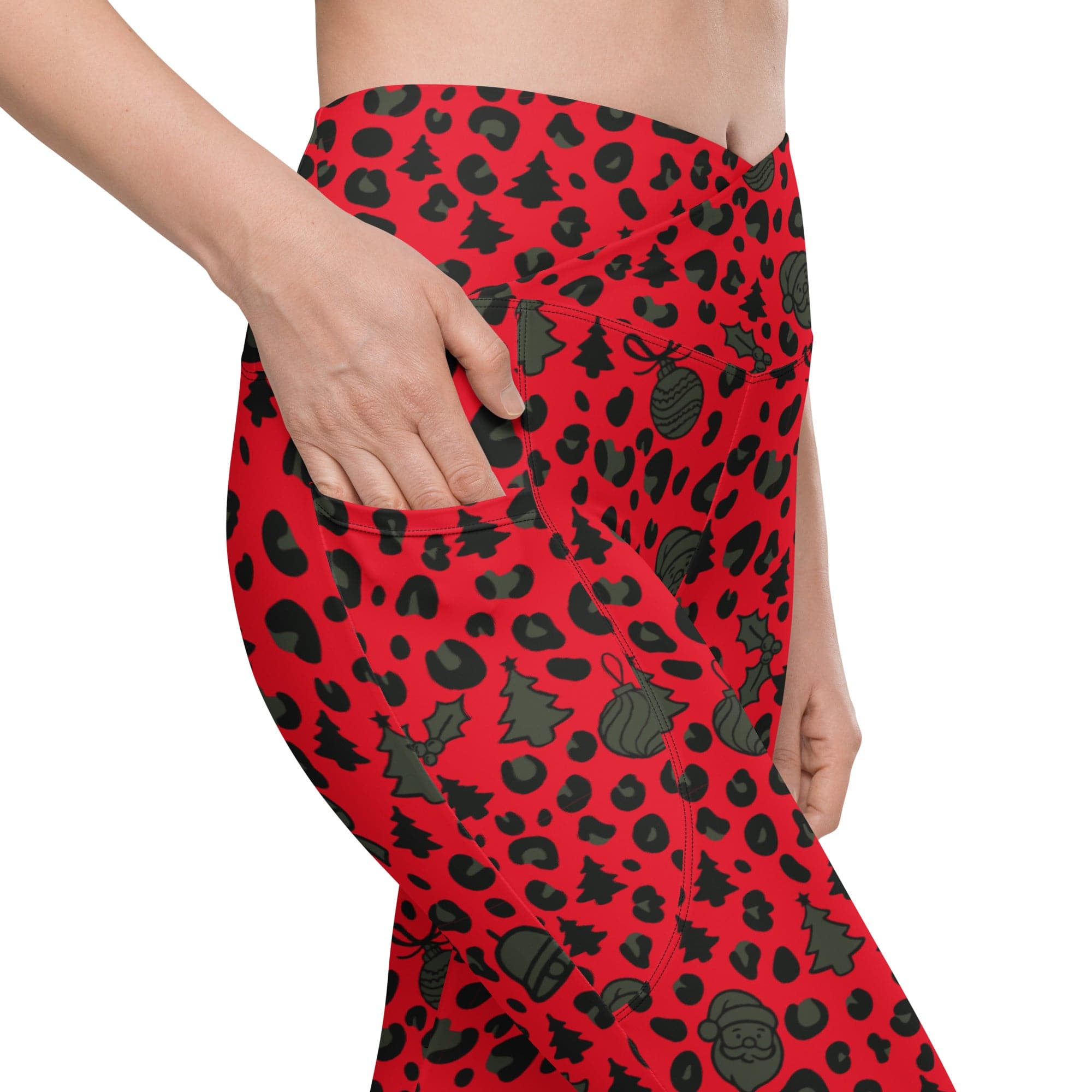 Christmas Leopard Crossover Leggings With Pockets