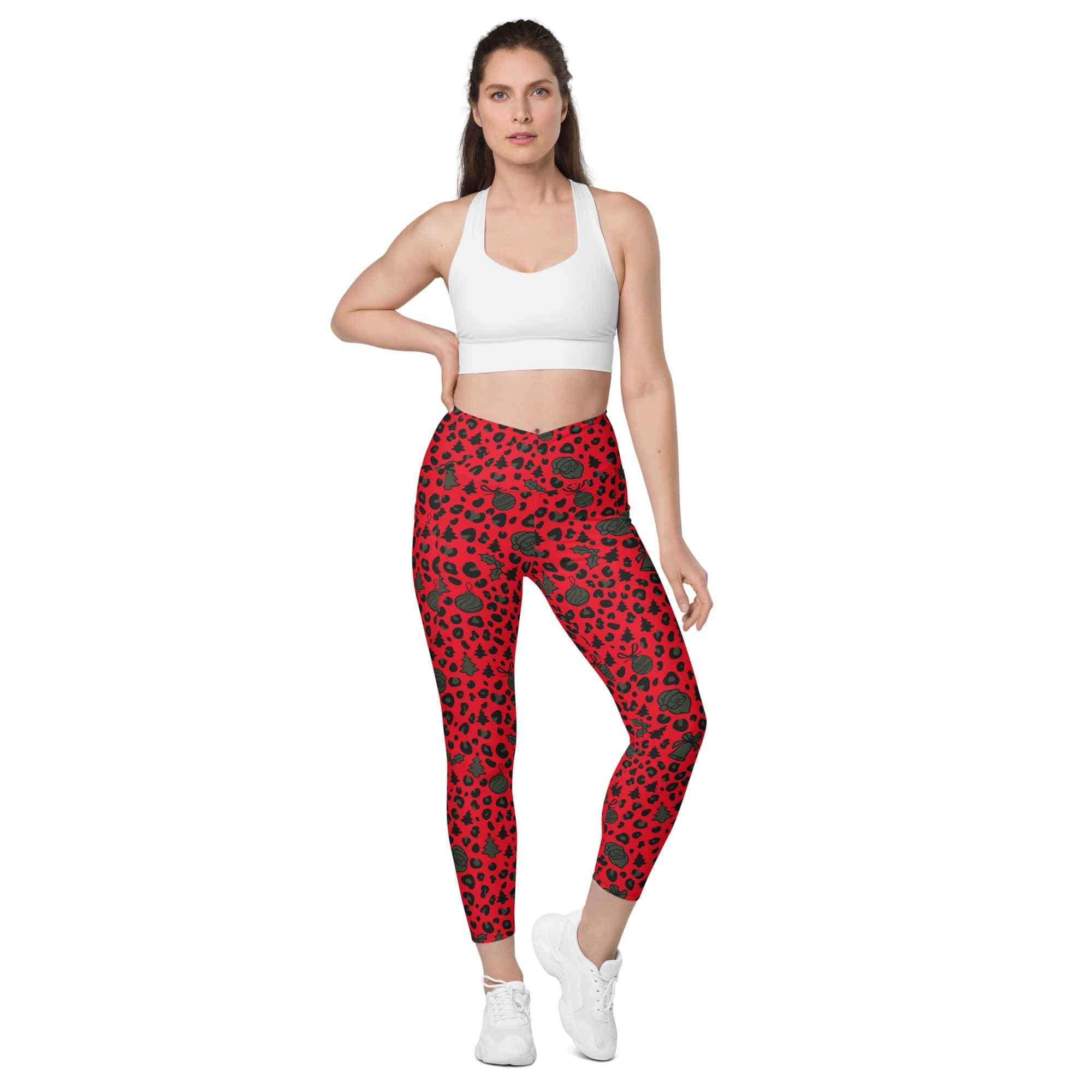 Christmas Leopard Crossover Leggings With Pockets