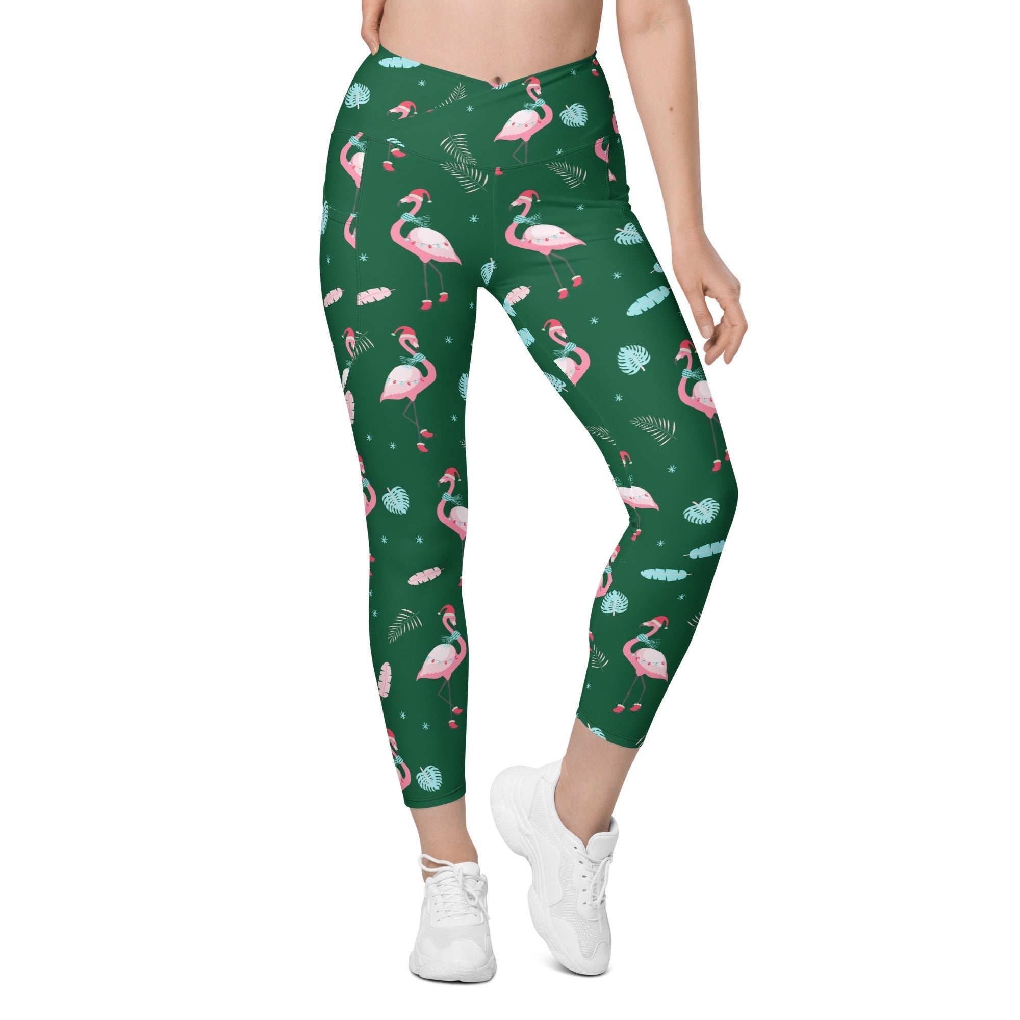 Christmassy Flamingos Crossover Leggings With Pockets