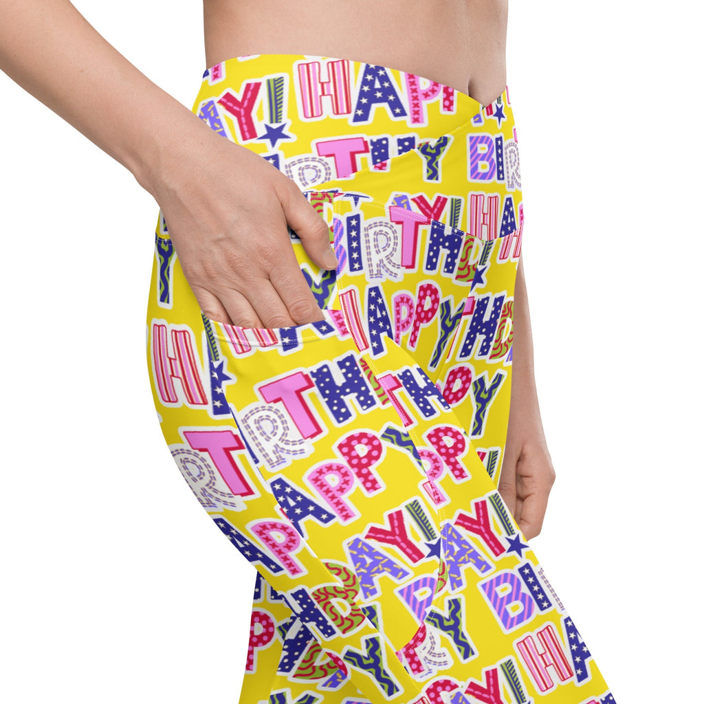 Colorful Birthday Crossover Leggings With Pockets