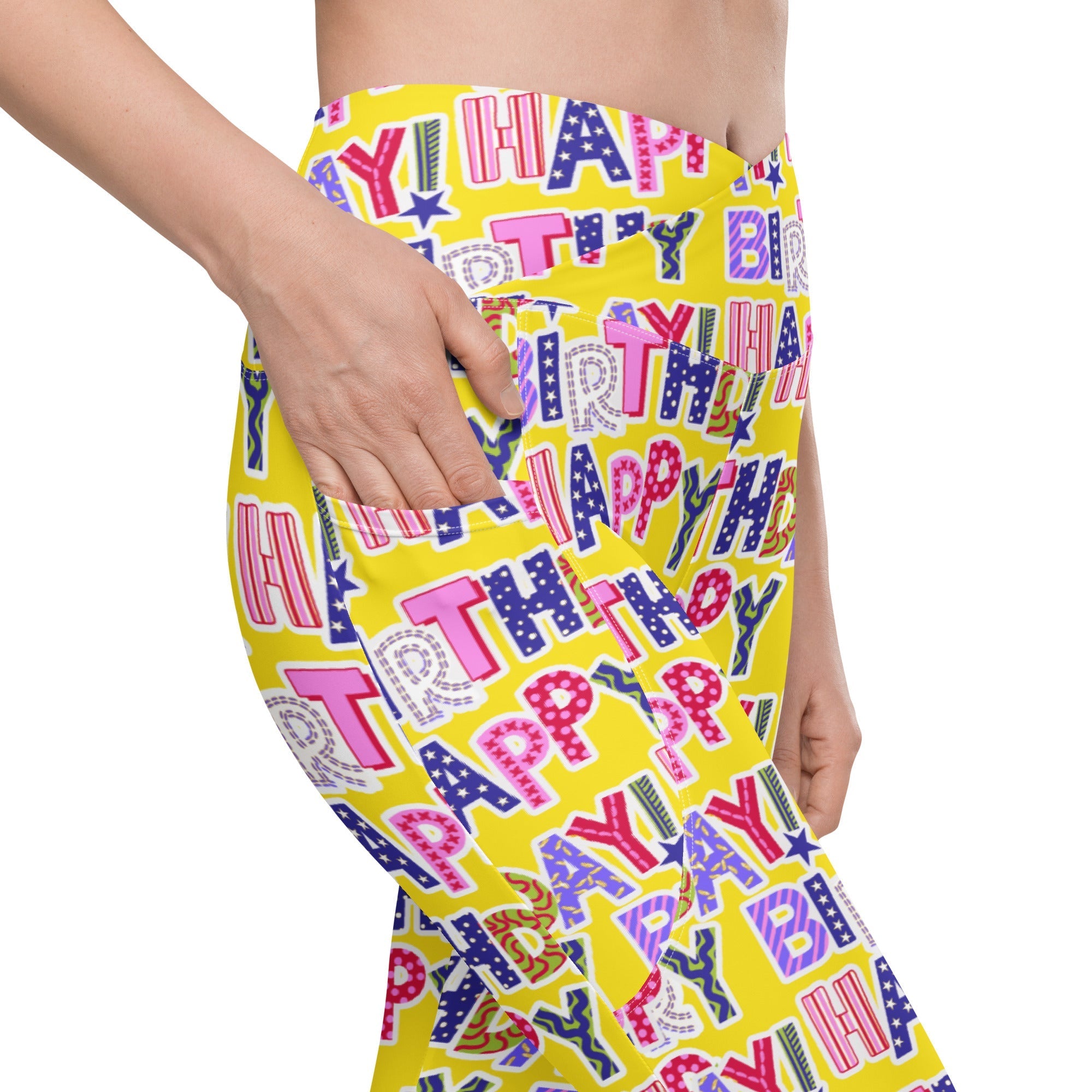 Colorful Birthday Crossover Leggings With Pockets