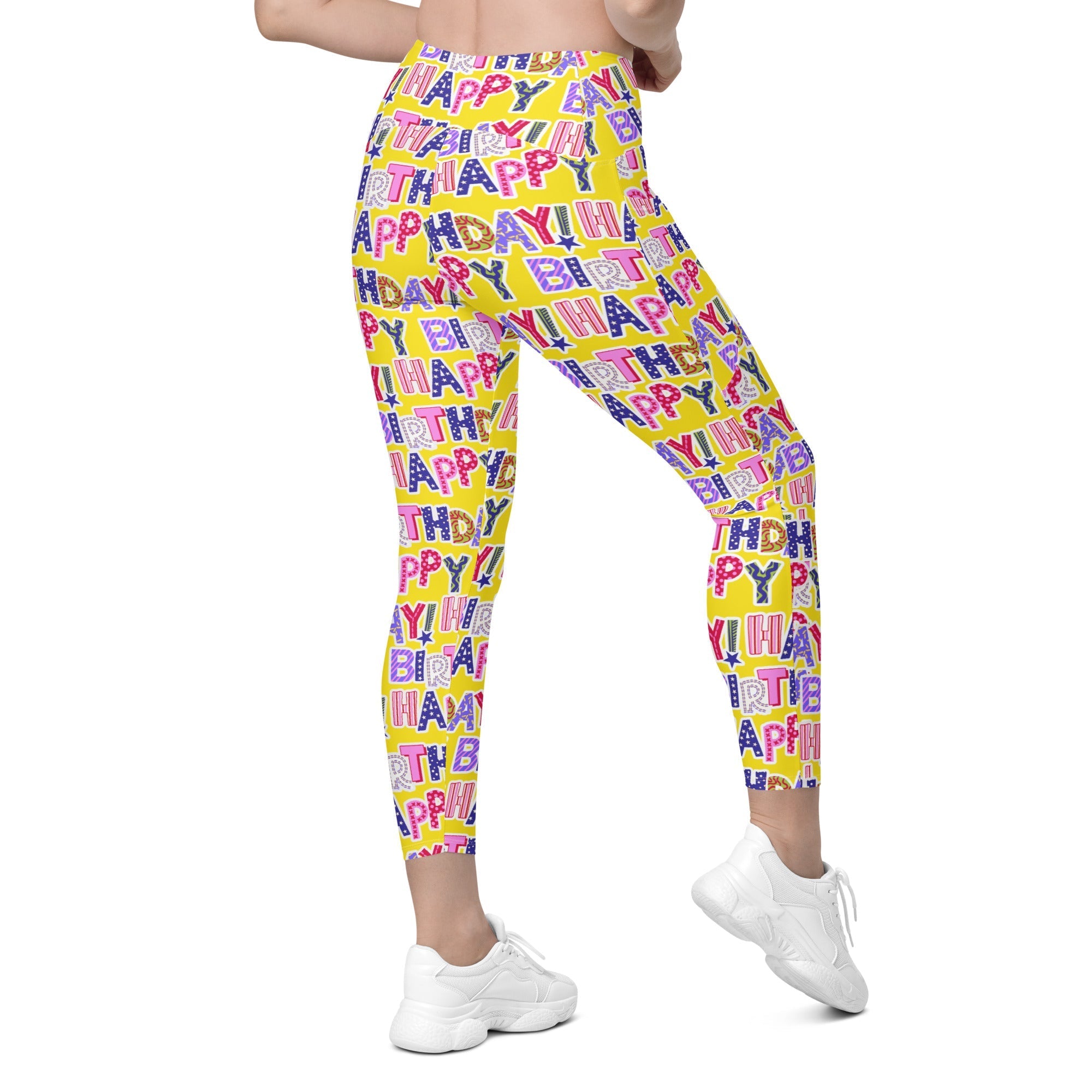 Colorful Birthday Crossover Leggings With Pockets
