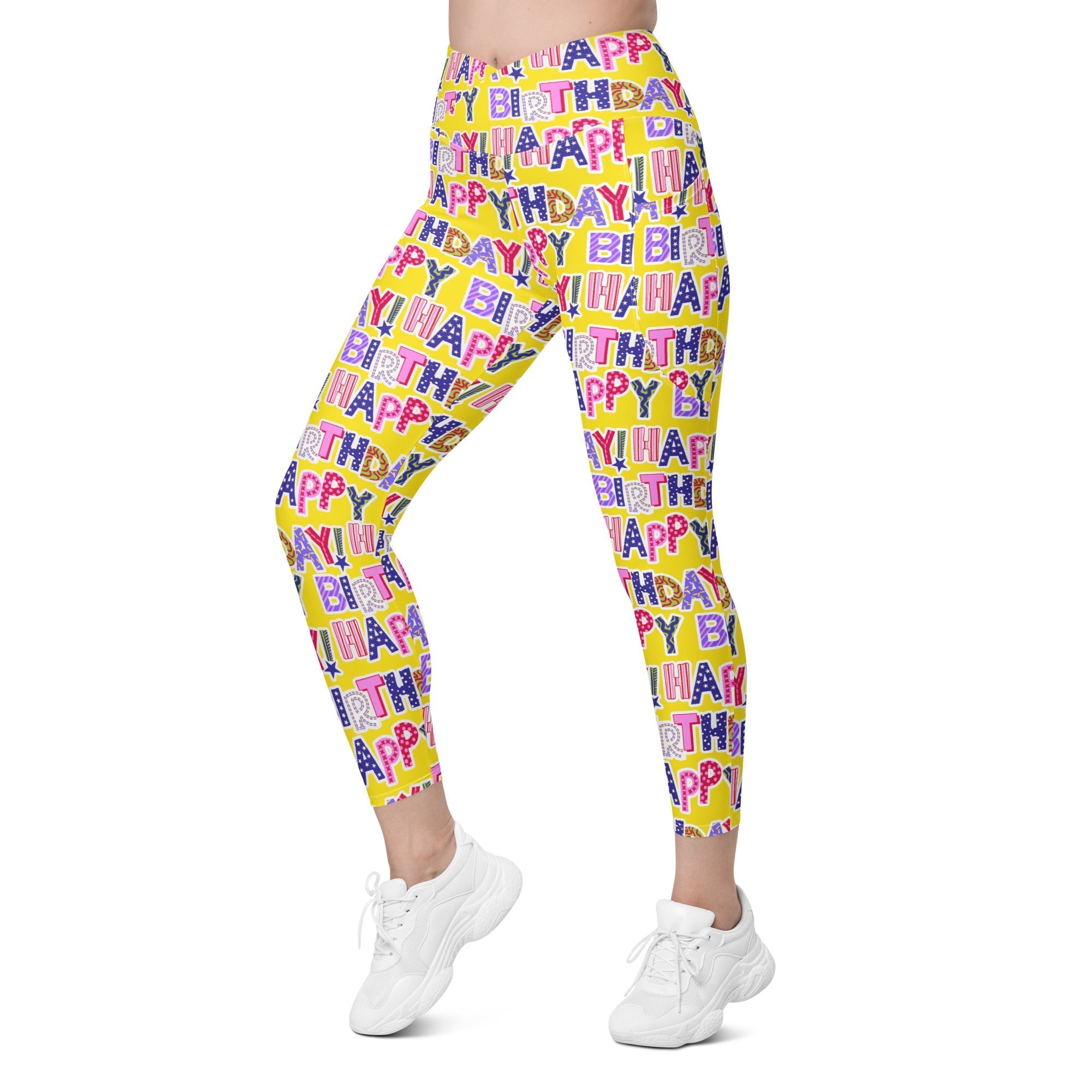 Colorful Birthday Crossover Leggings With Pockets