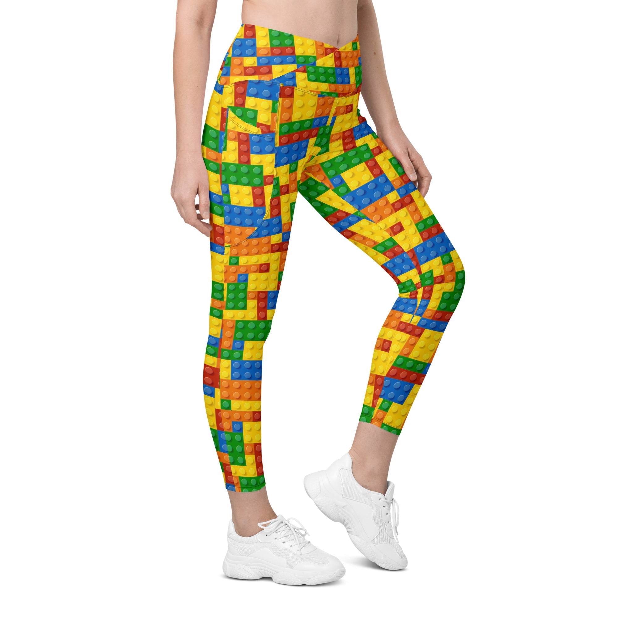 Colorful Blocks Crossover Leggings With Pockets