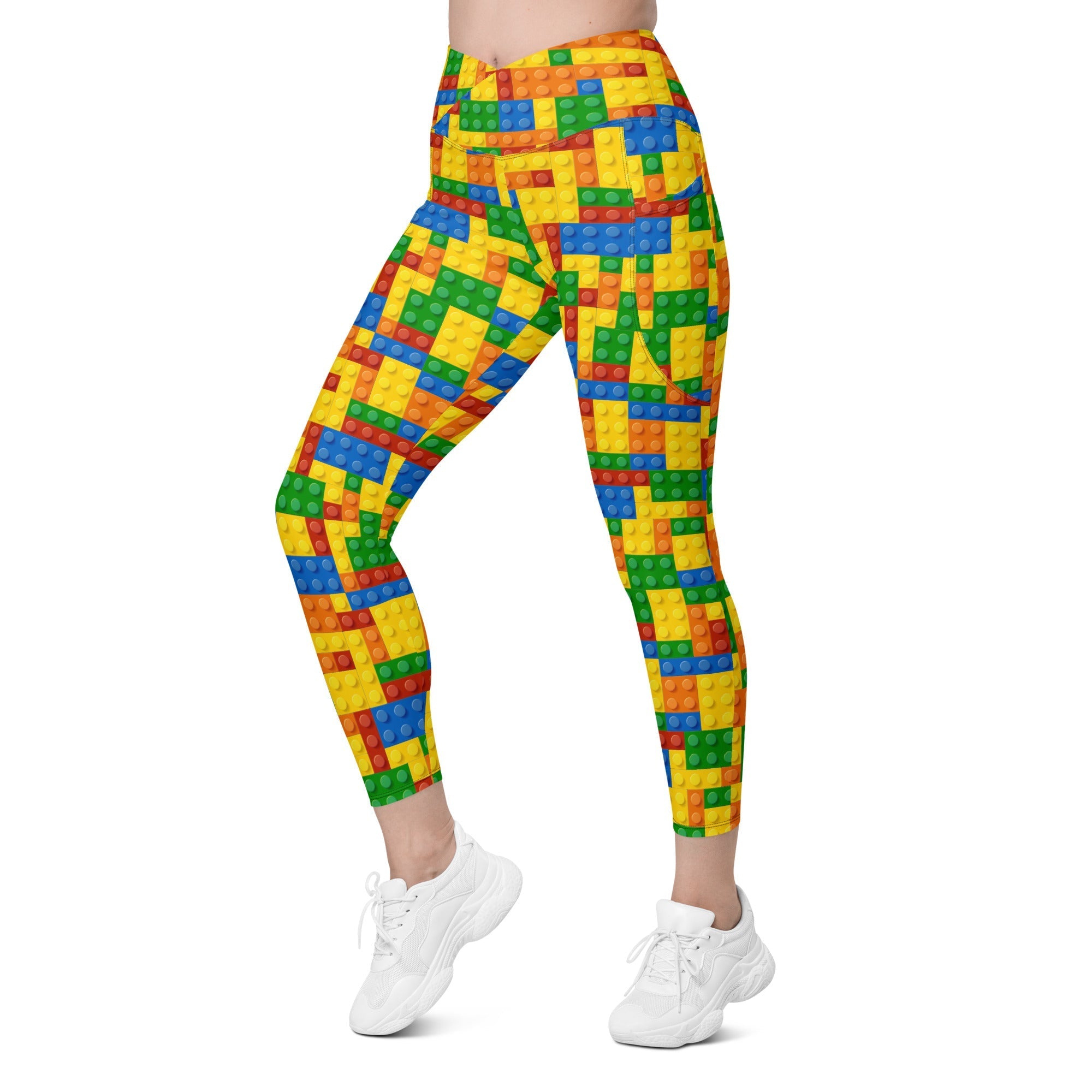 Colorful Blocks Crossover Leggings With Pockets