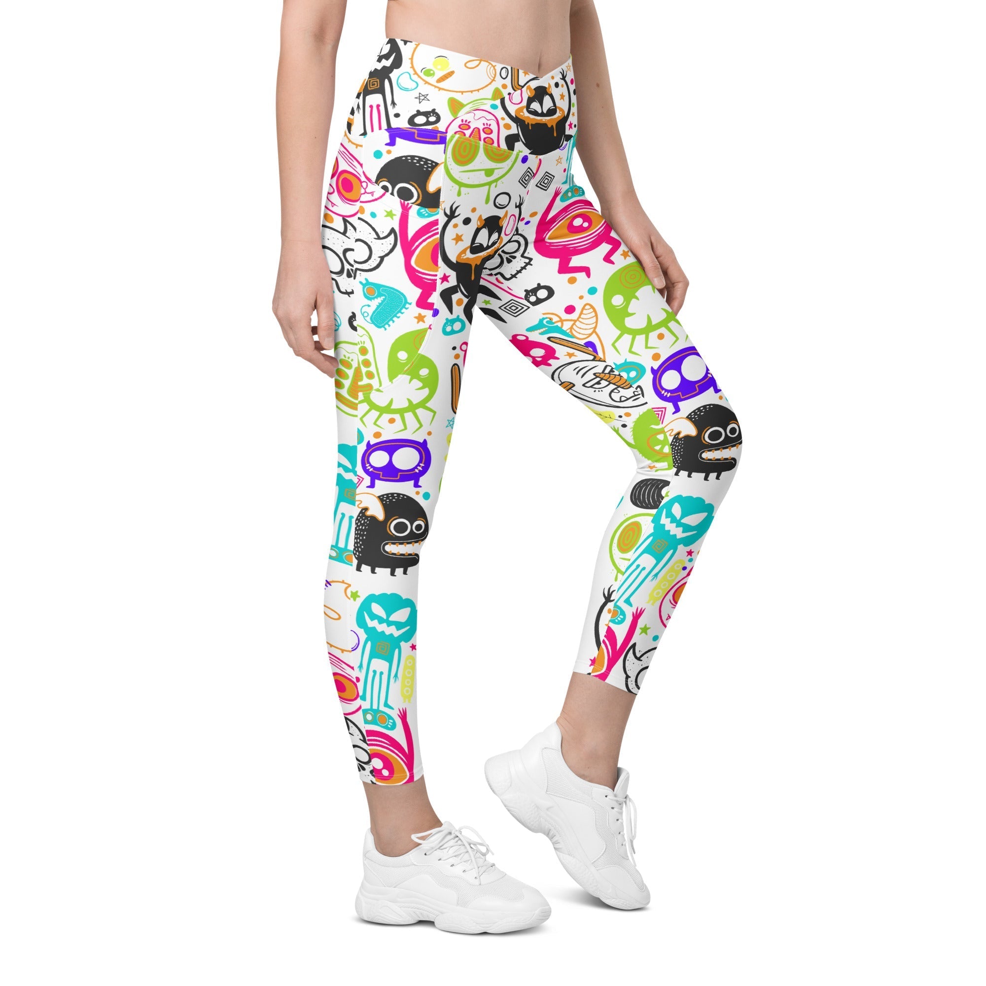 Colorful Doodles Crossover Leggings With Pockets