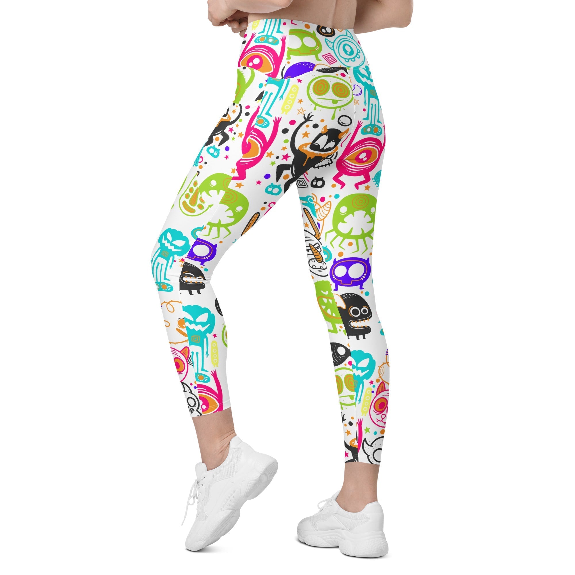 Colorful Doodles Crossover Leggings With Pockets