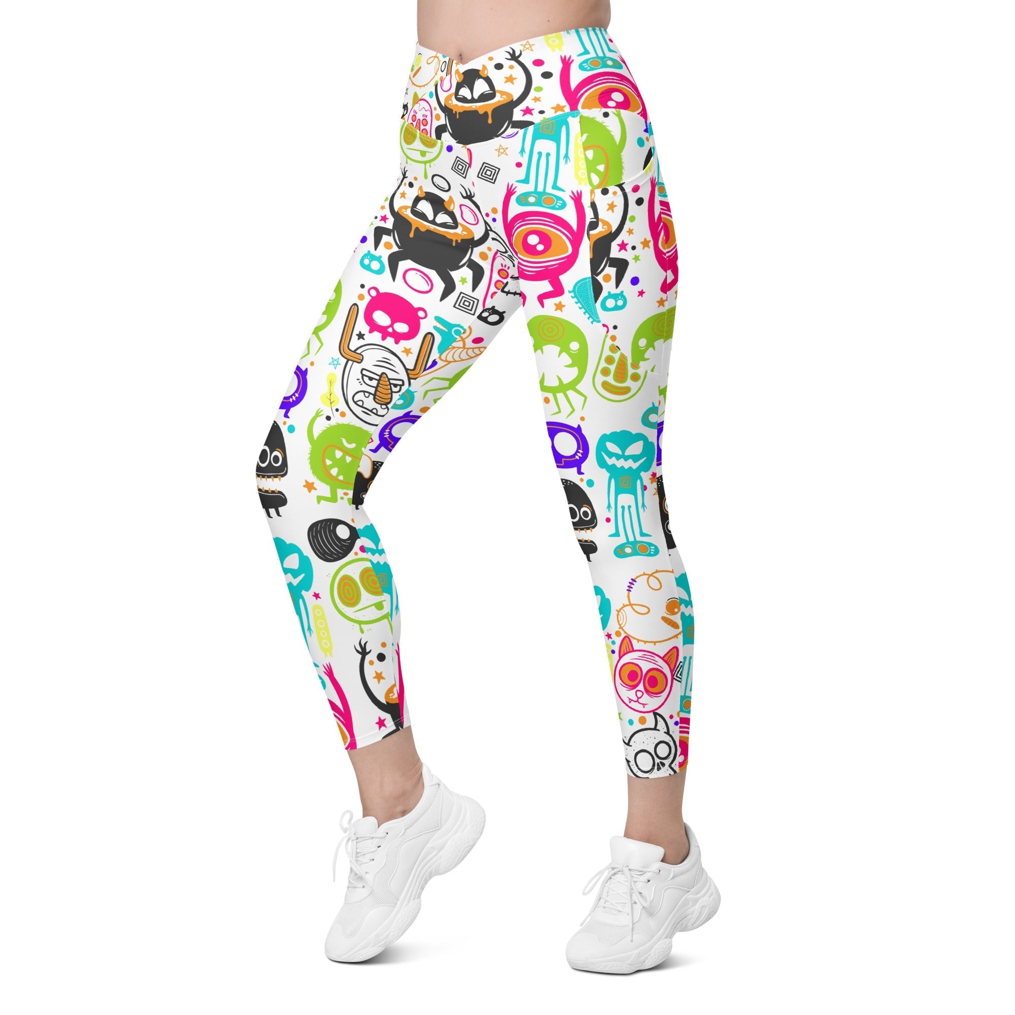 Colorful Doodles Crossover Leggings With Pockets