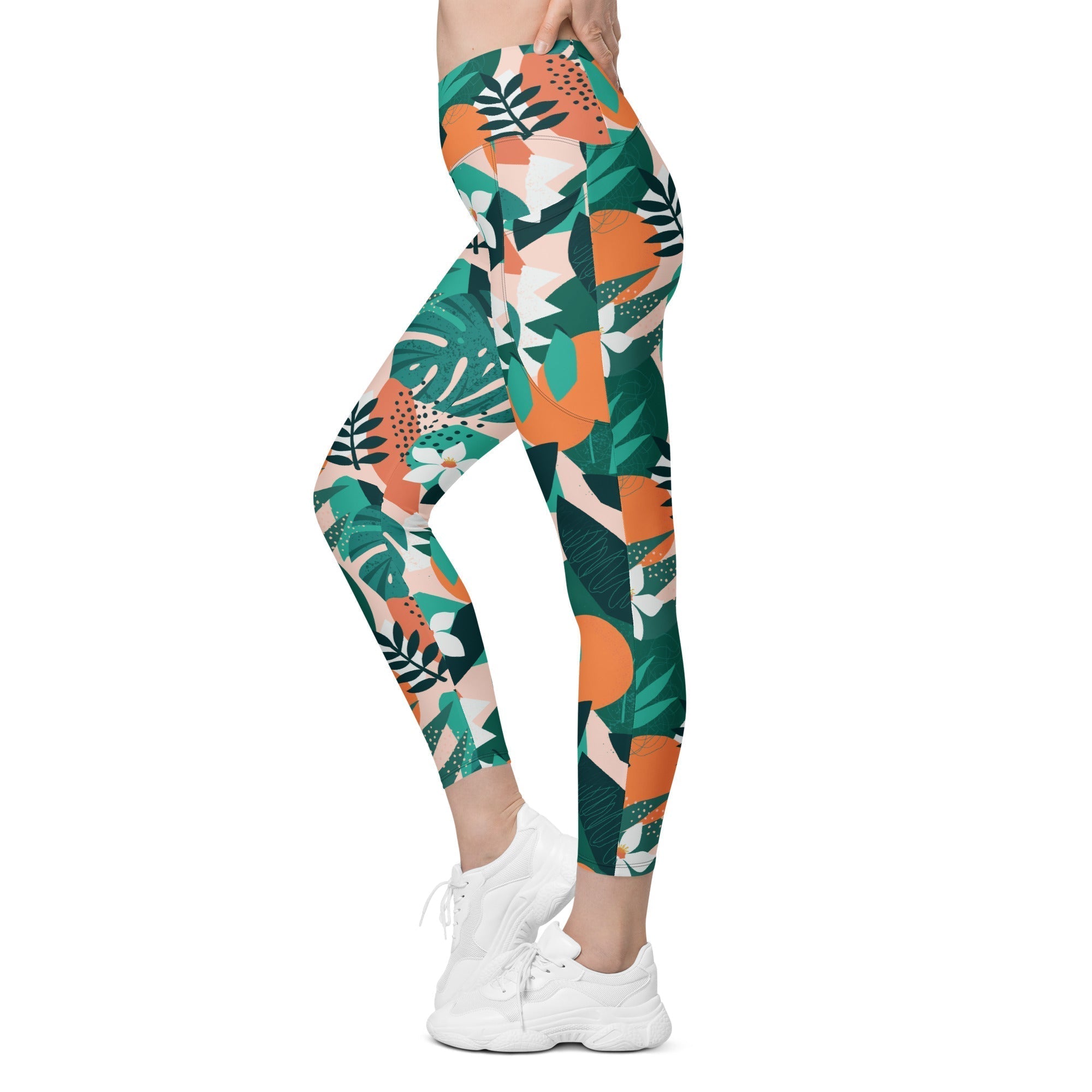 Contemporary Tropical Crossover Leggings With Pockets