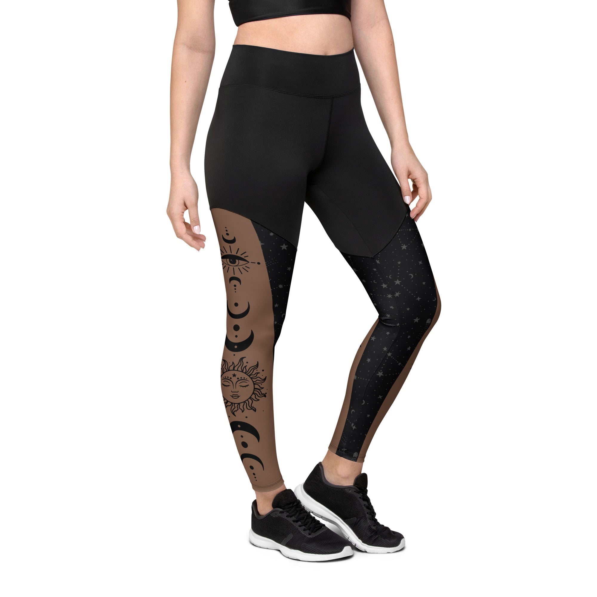Black & Gold Crossover Leggings With Pockets