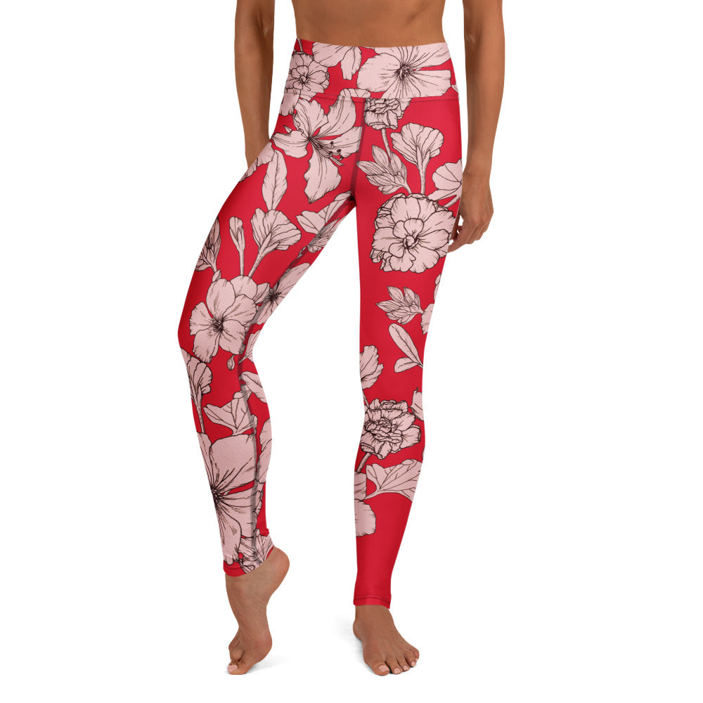 Crimson Hibiscus Yoga Leggings