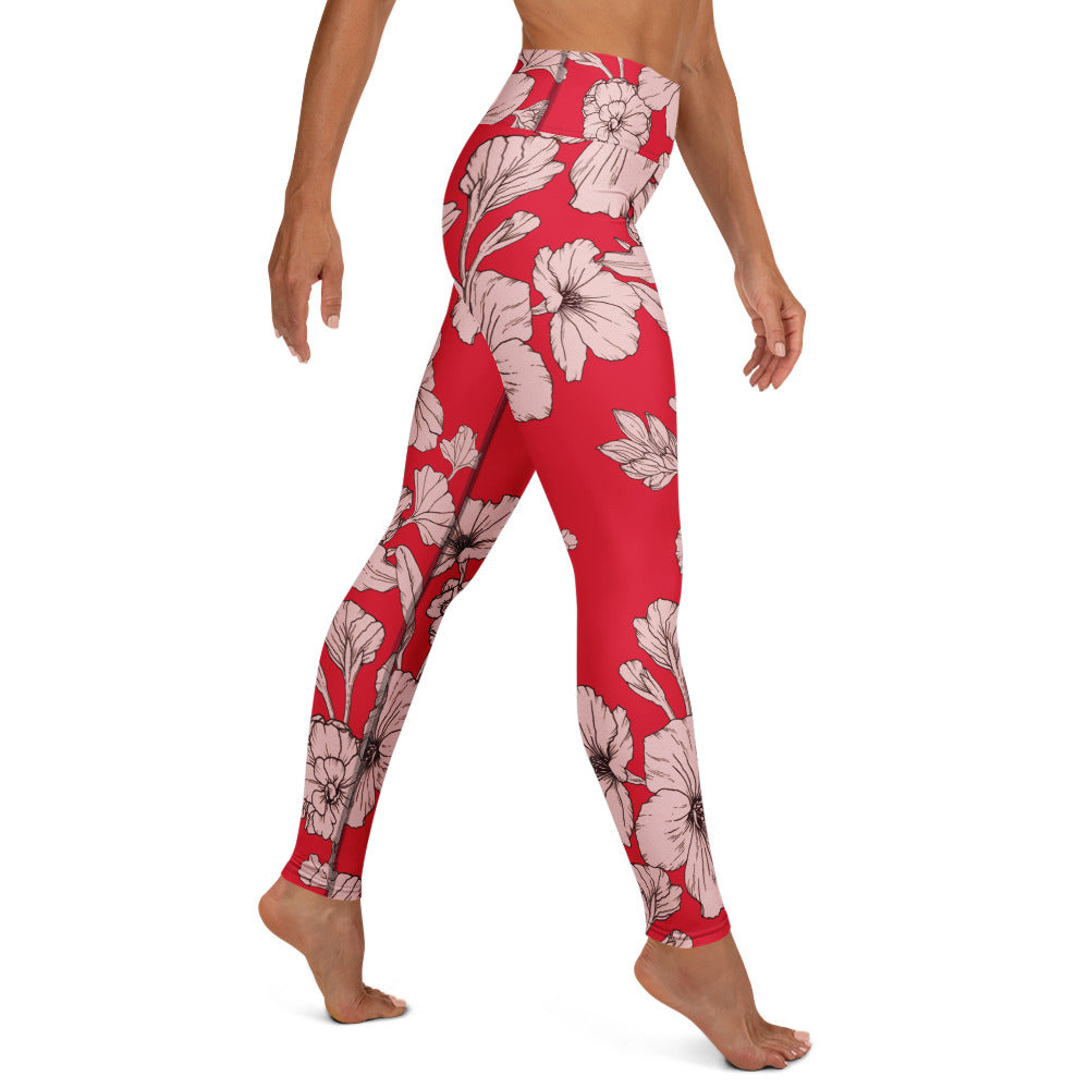 Crimson Hibiscus Yoga Leggings