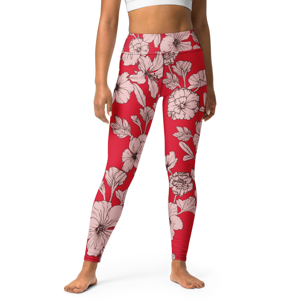 Crimson Hibiscus Yoga Leggings