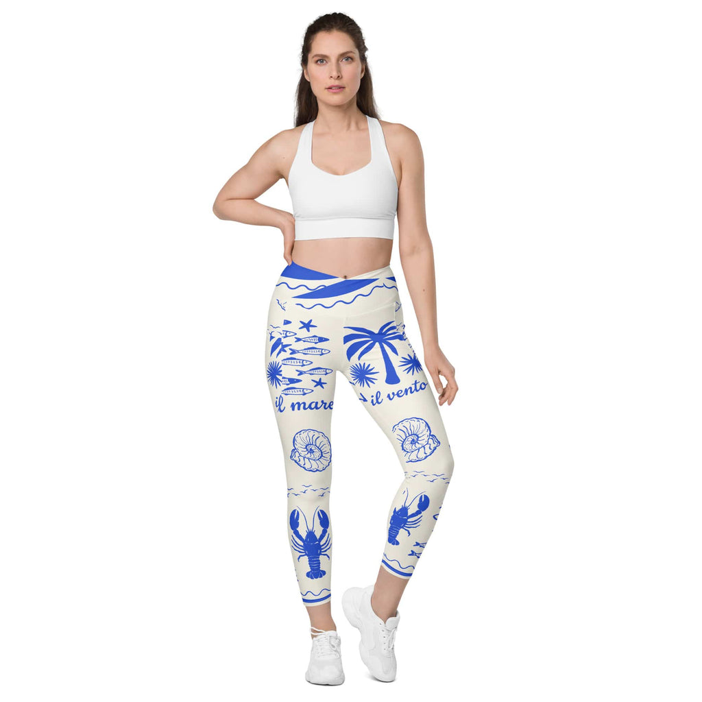 Cute Nautical Crossover Leggings With Pockets