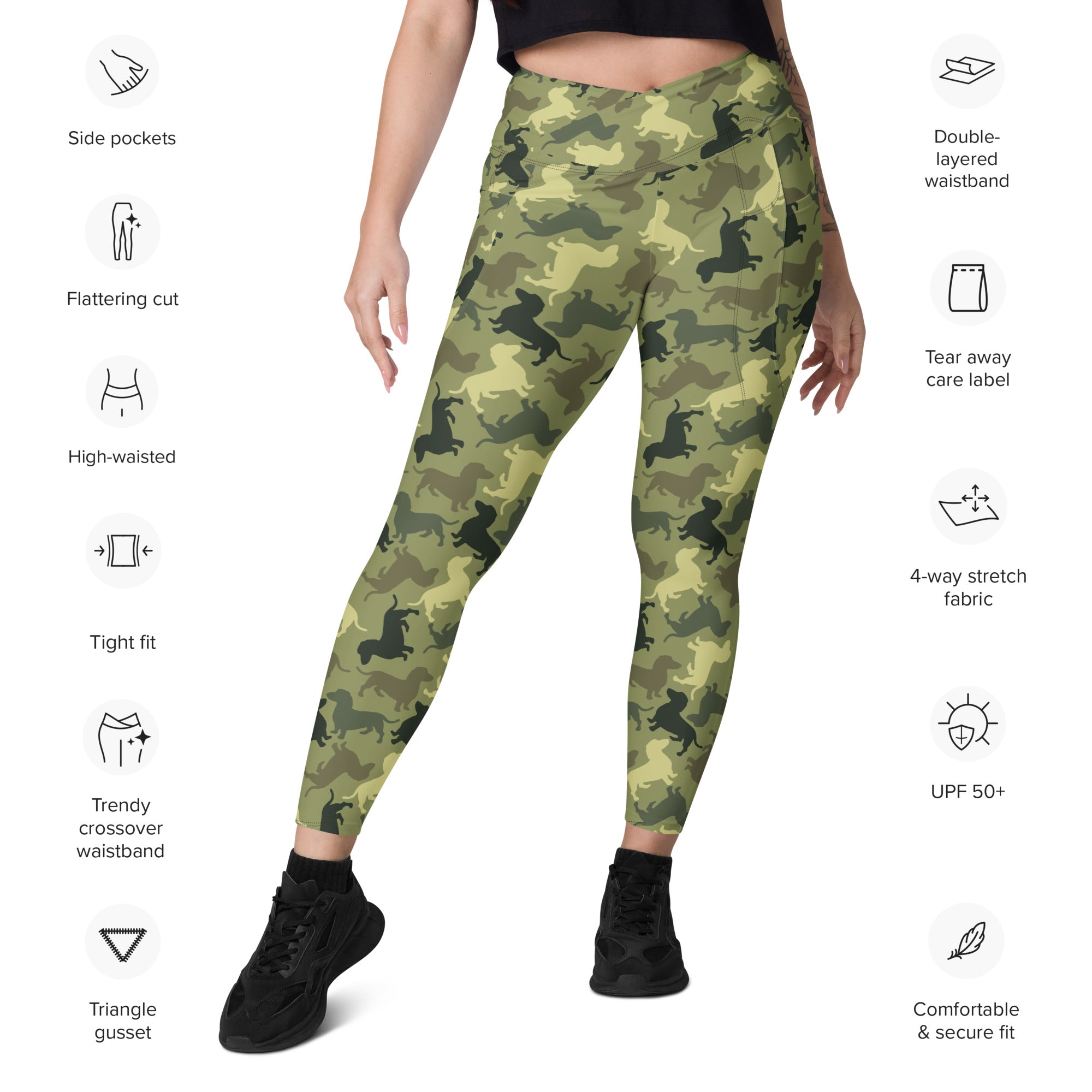 Dachshund Camo Crossover Leggings With Pockets