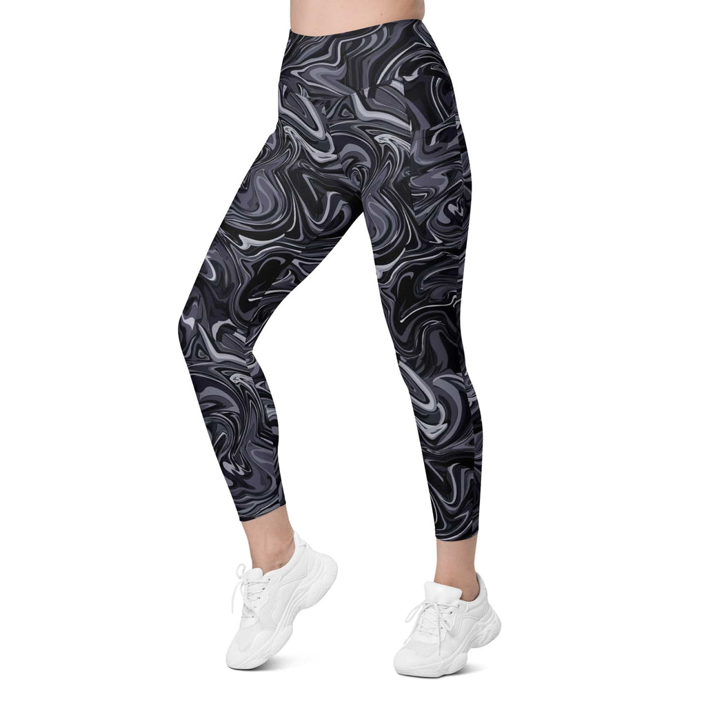 Dark Monochrome Marble Leggings With Pockets