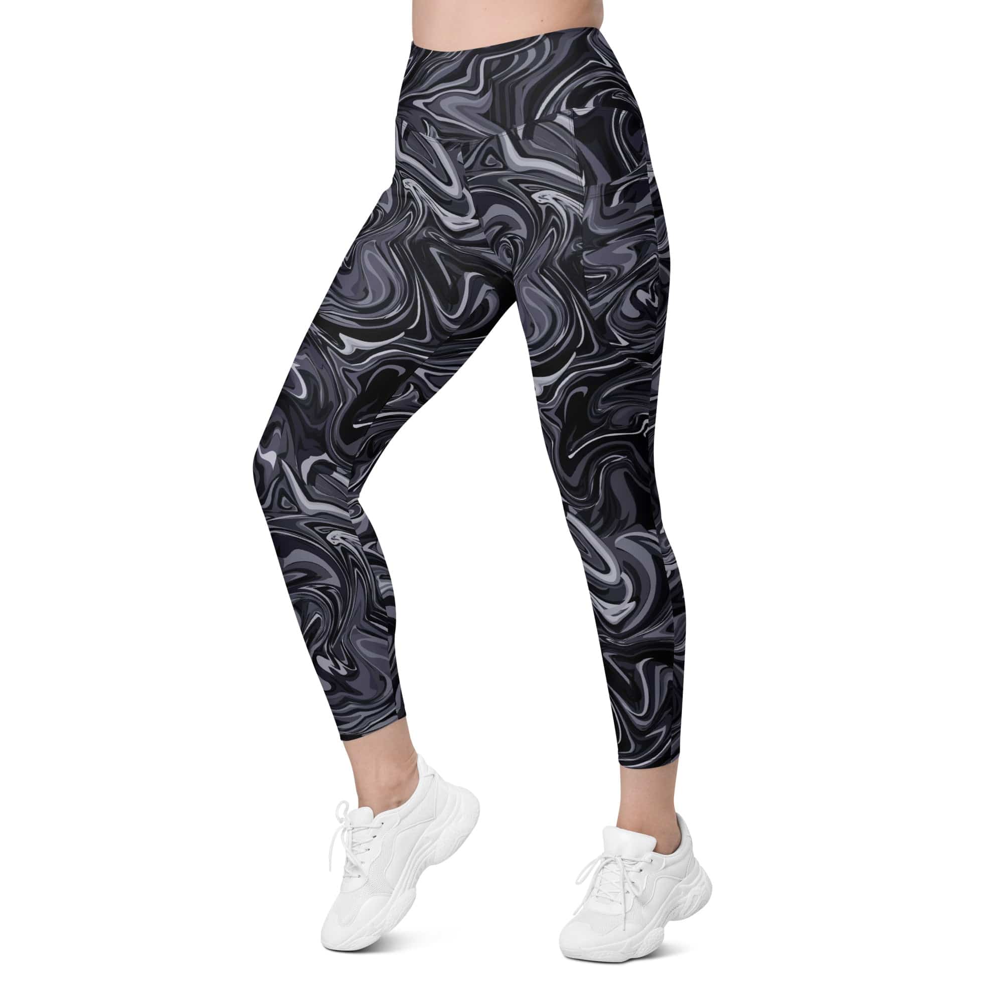 Dark Monochrome Marble Leggings With Pockets