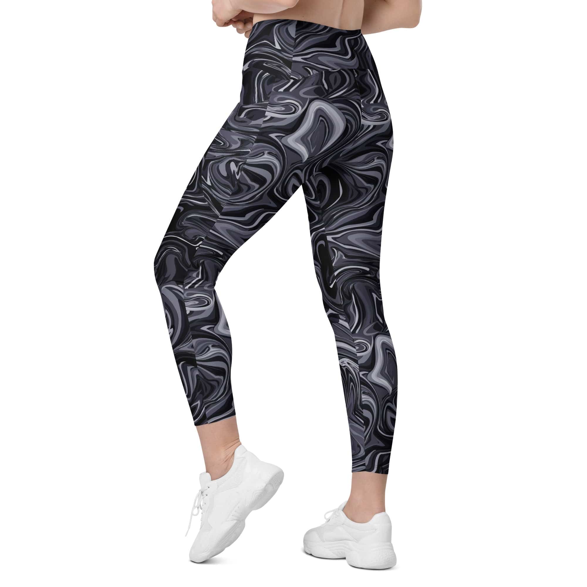 Dark Monochrome Marble Leggings With Pockets