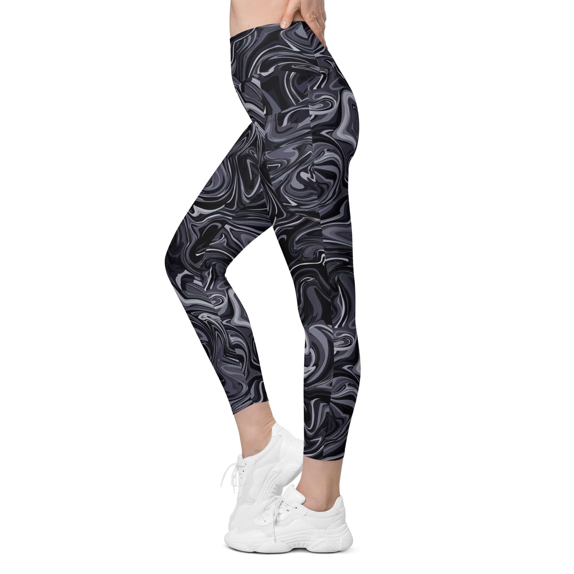 Dark Monochrome Marble Leggings With Pockets