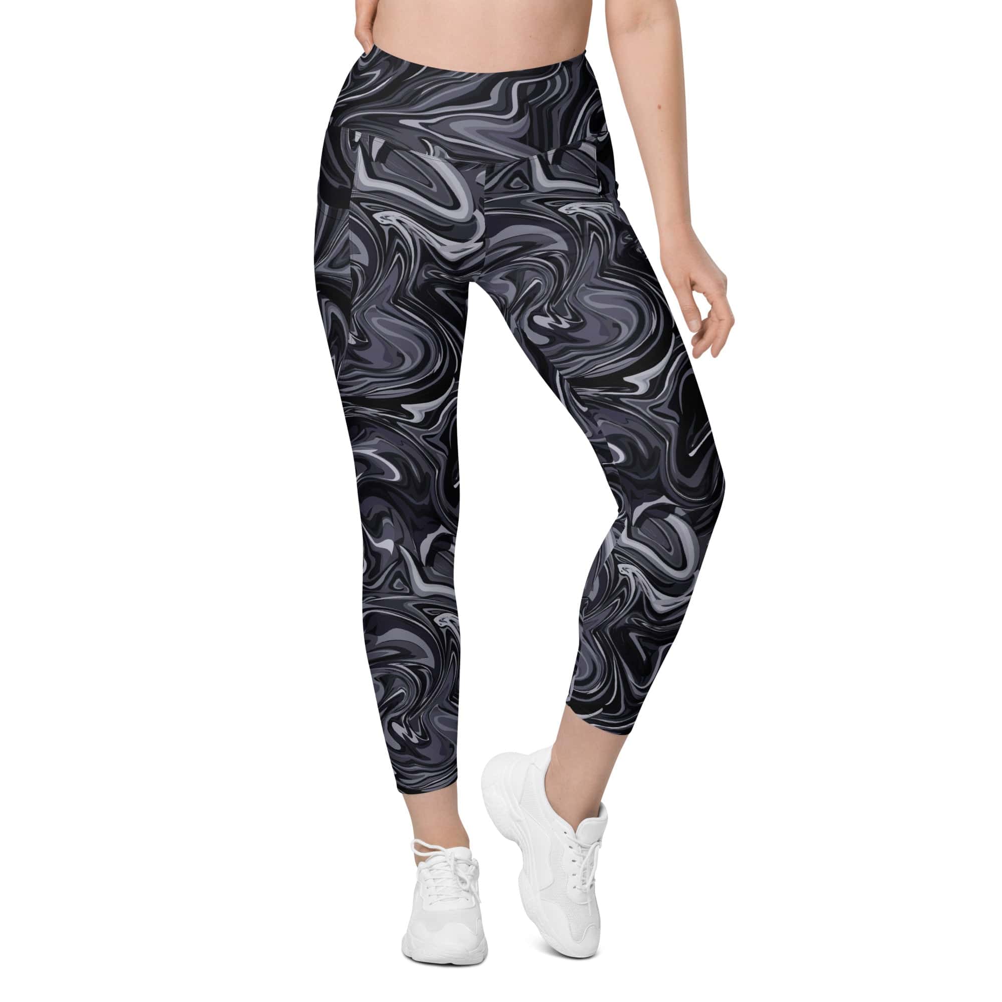 Dark Monochrome Marble Leggings With Pockets