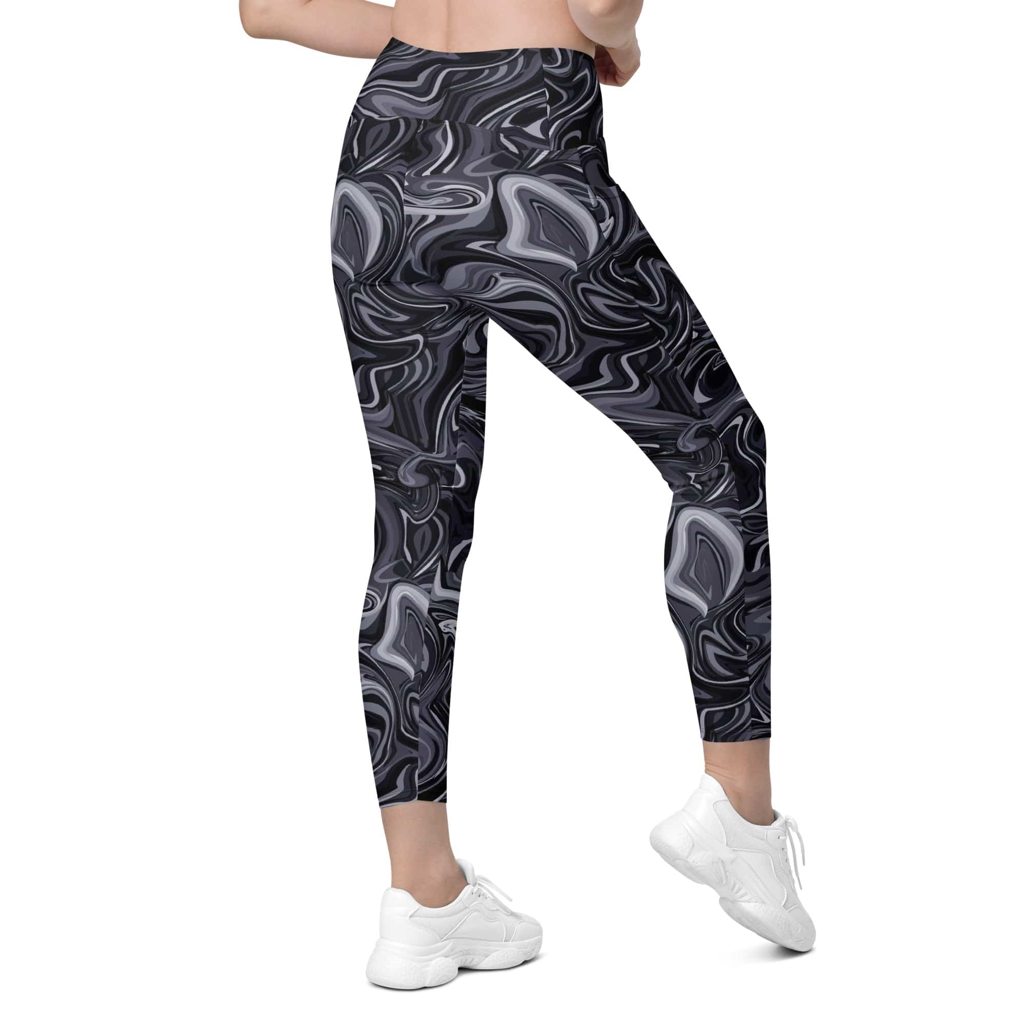 Dark Monochrome Marble Leggings With Pockets