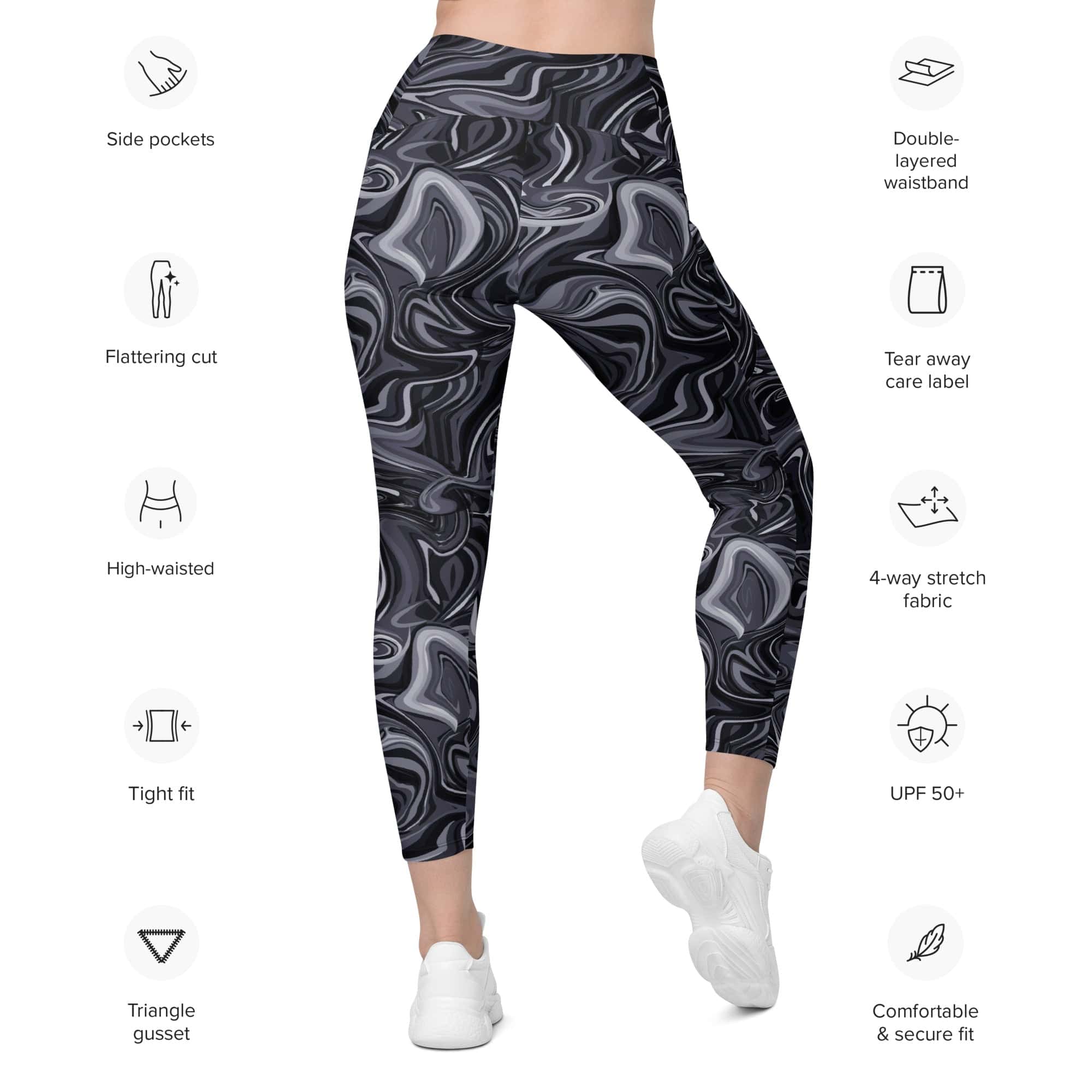 Dark Monochrome Marble Leggings With Pockets
