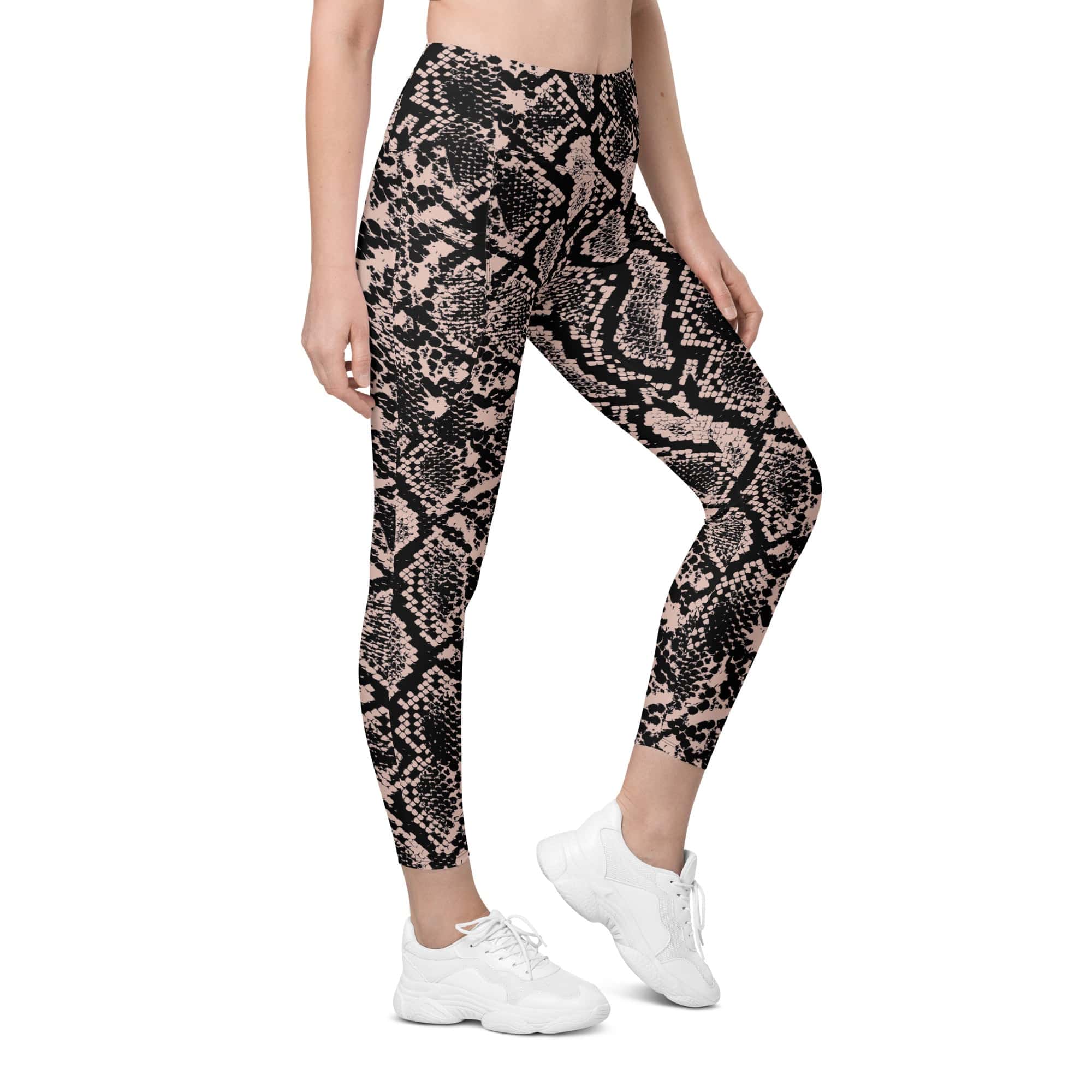 Dusty Pink and Black Snakeskin Leggings With Pockets