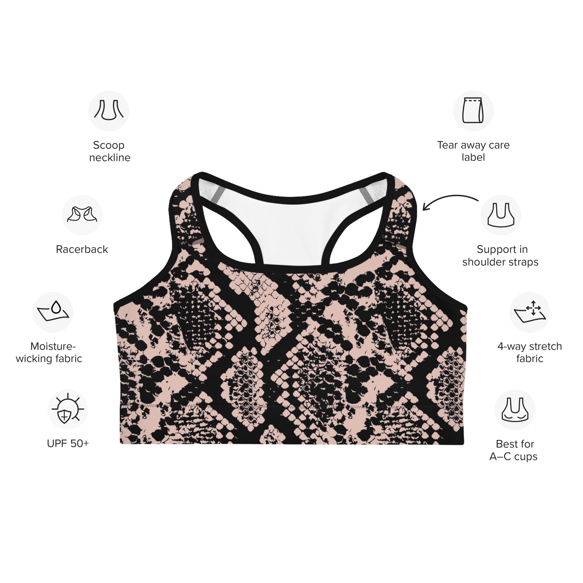 Dusty Pink and Black Snakeskin Sports Bra